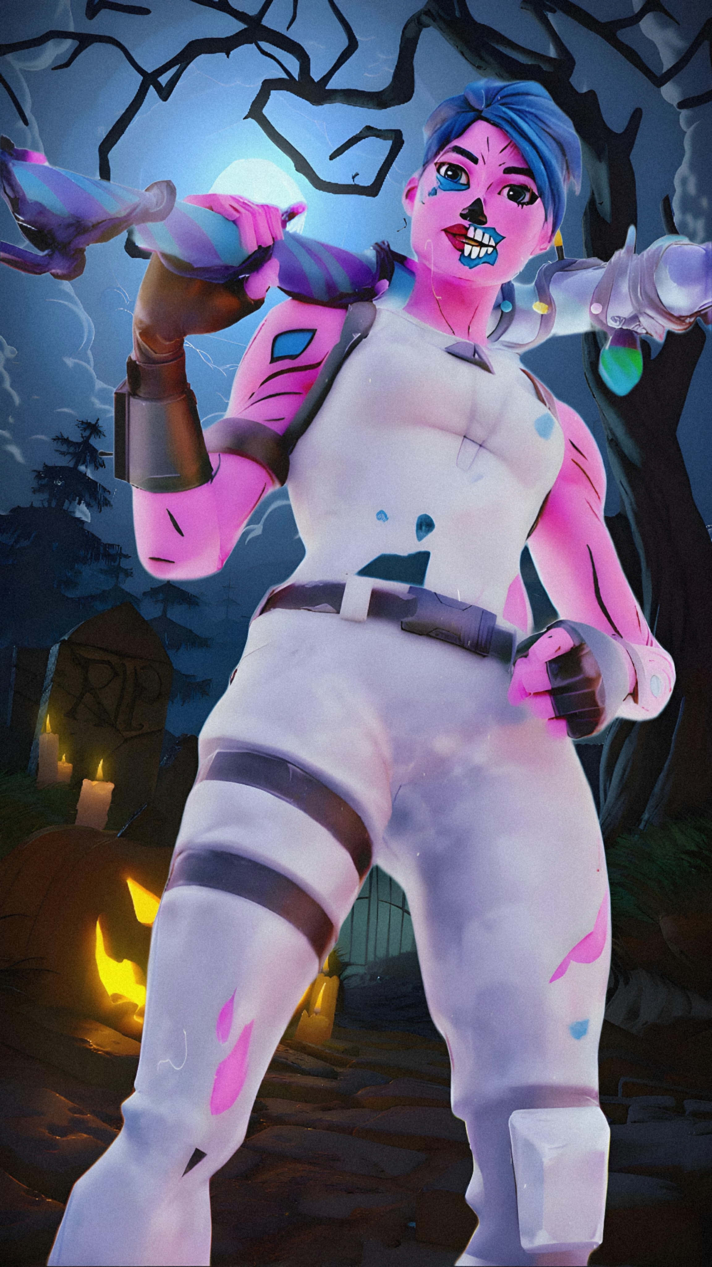 Fortnite Pink Ghoul Trooper, skull makeup, glowing weapon, 4K Phone Wallpaper