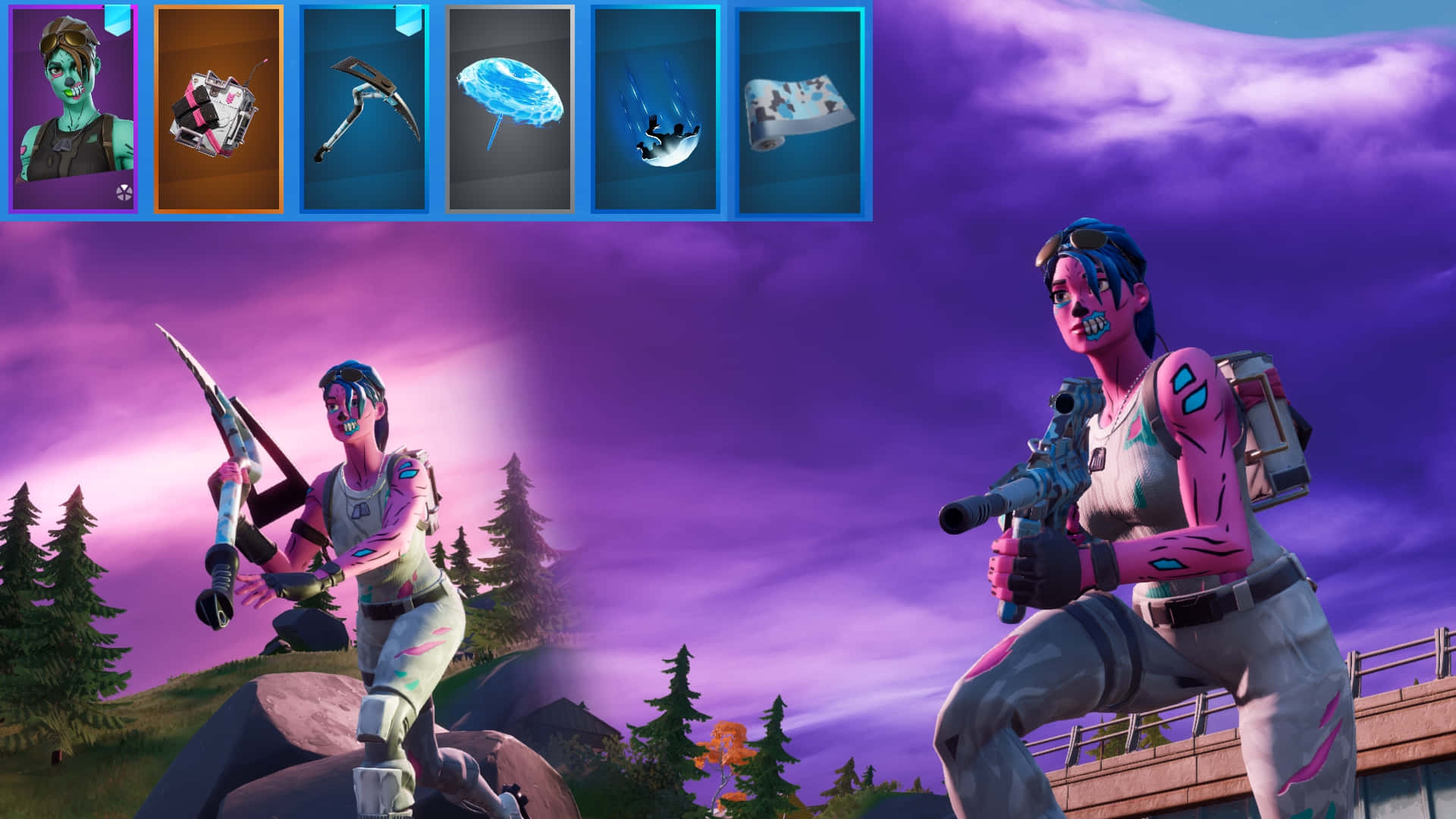 Fortnite Pink Ghoul Trooper, pink and gray gear, purple twilight sky, Full HD Desktop Wallpaper
