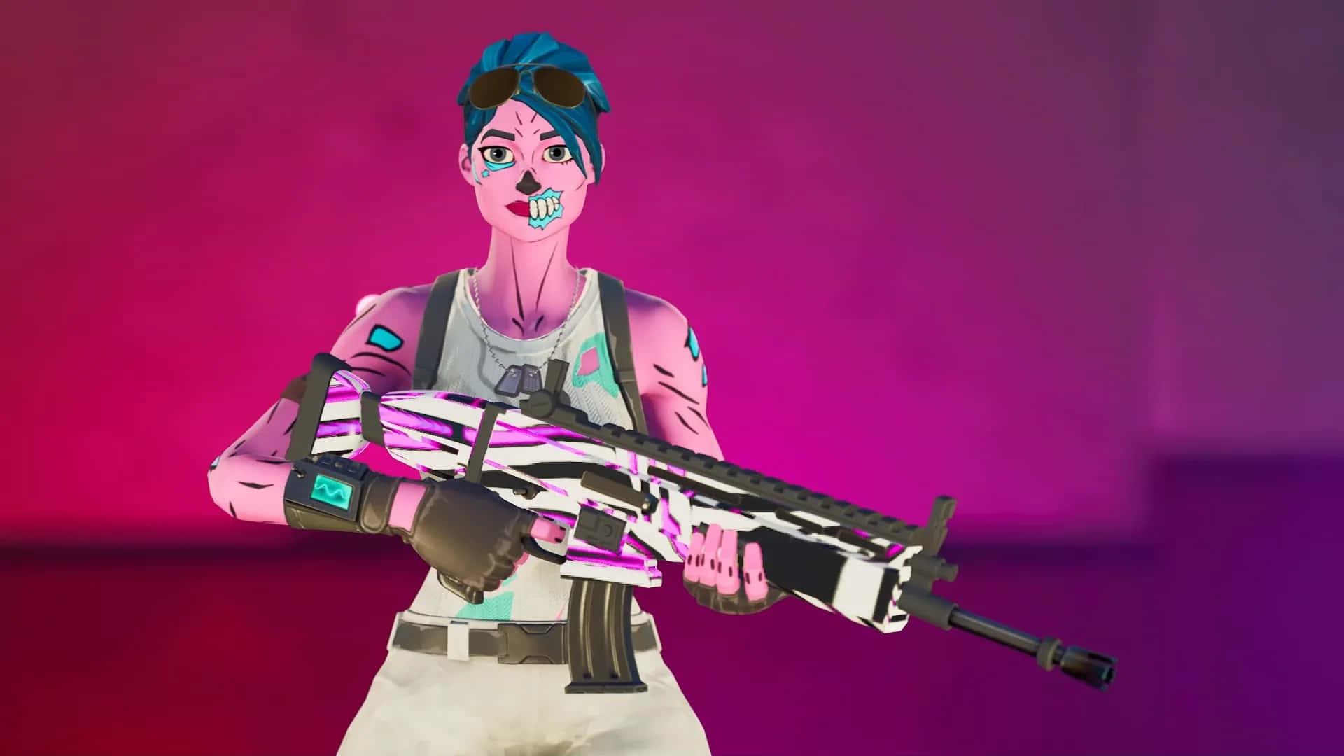 Fortnite Pink Ghoul Trooper, rifle, blue hair, Full HD Desktop Wallpaper