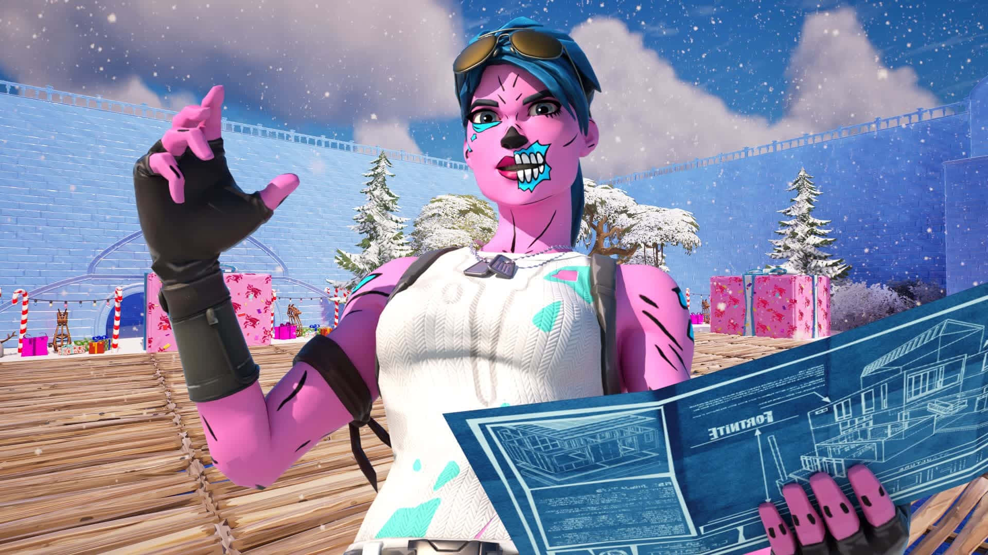 Fortnite Pink Ghoul Trooper, skull makeup, blueprints, Full HD Desktop Wallpaper