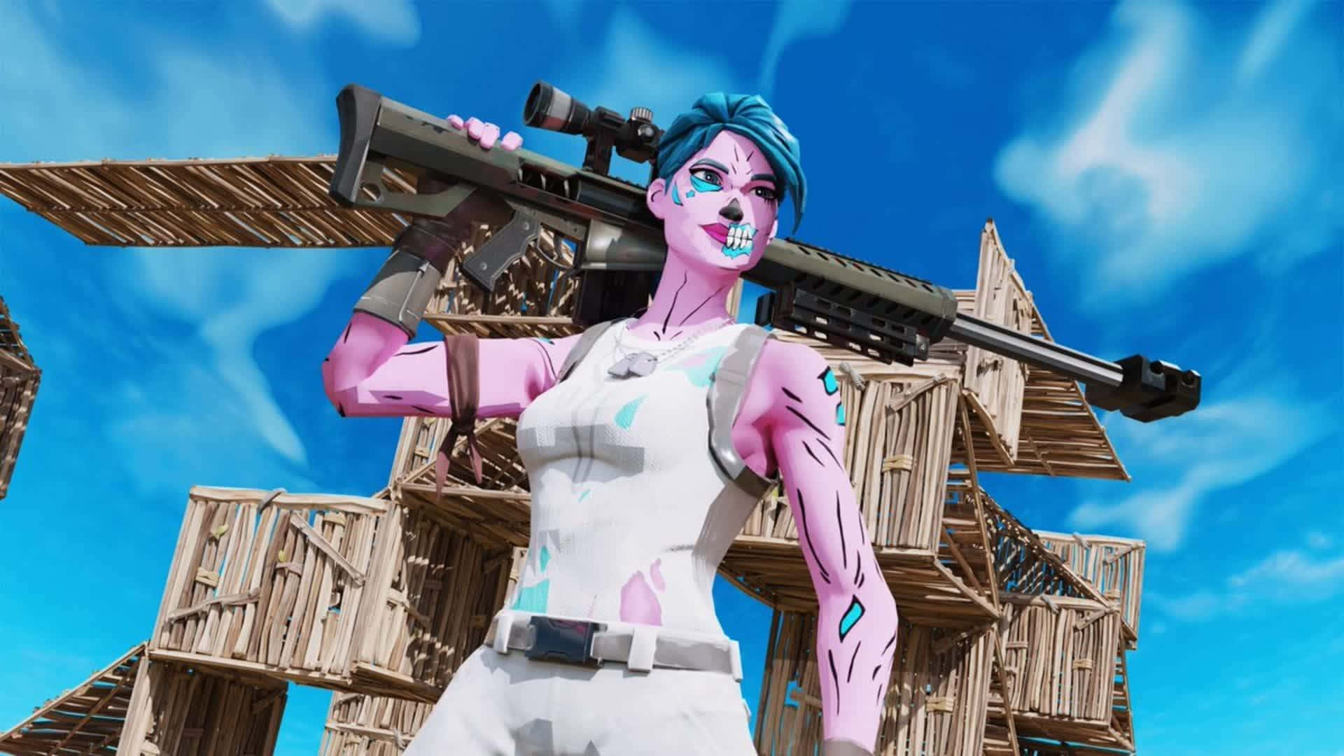 Fortnite Pink Ghoul Trooper, sniper rifle, blue hair, Full HD Desktop Wallpaper
