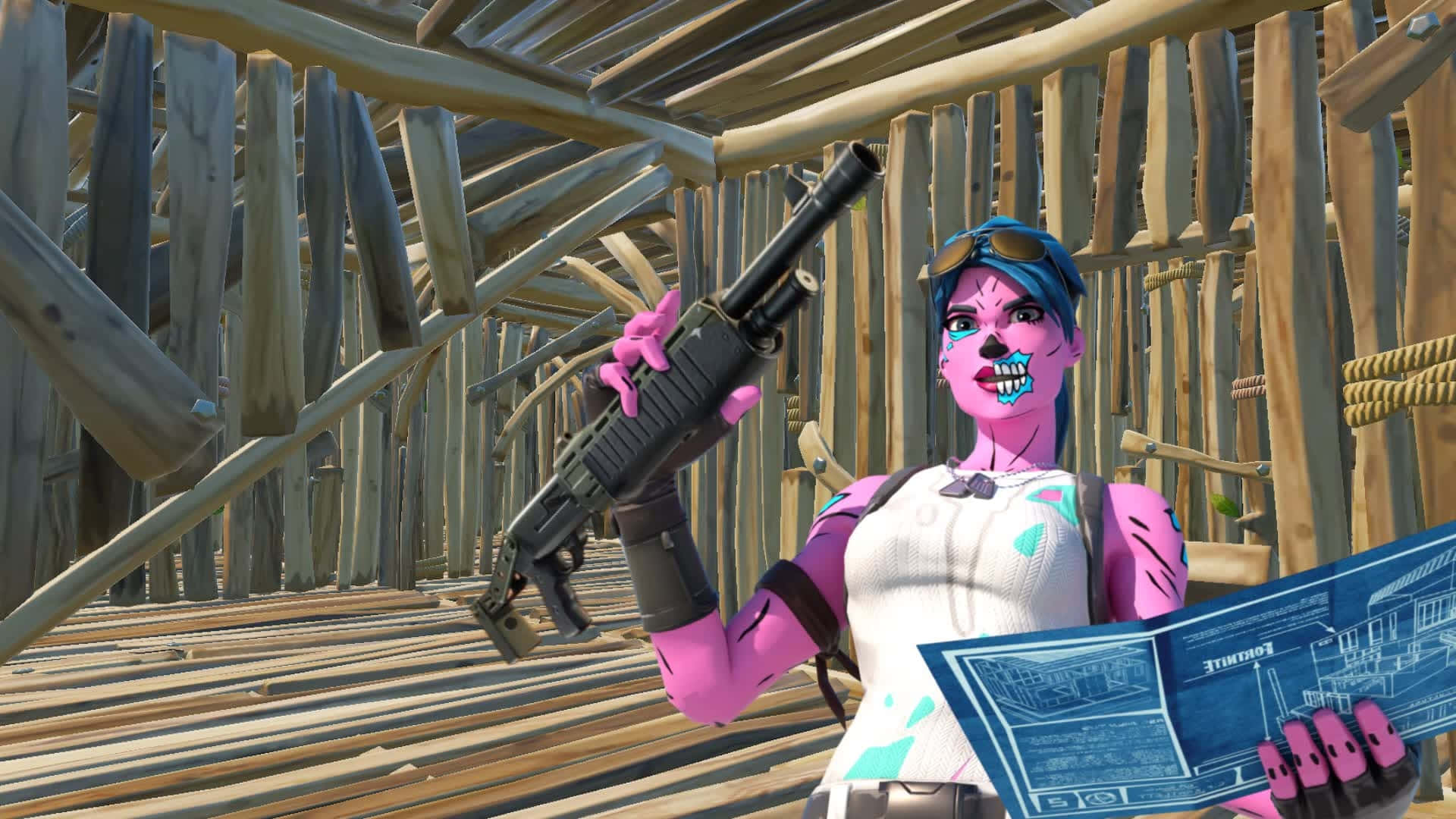 Fortnite Pink Ghoul Trooper, blue hair, shotgun, Full HD Desktop Wallpaper