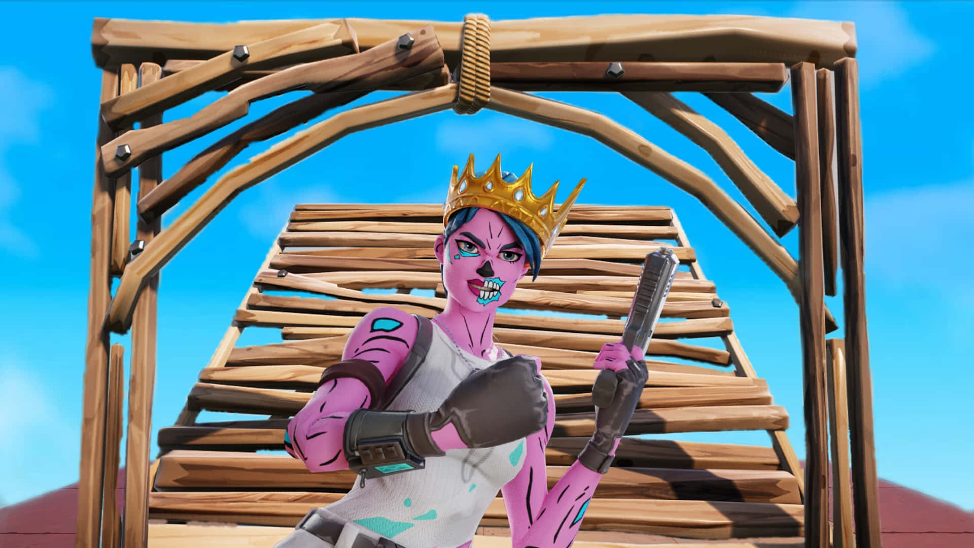 Fortnite Pink Ghoul Trooper, gold crown, skull face, Full HD Desktop Wallpaper