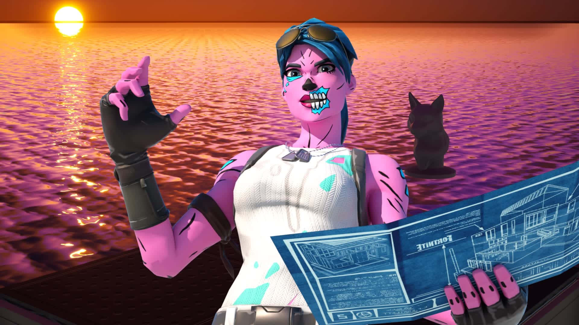 Fortnite Pink Ghoul Trooper, blueprints, glowing sunset, Full HD Desktop Wallpaper