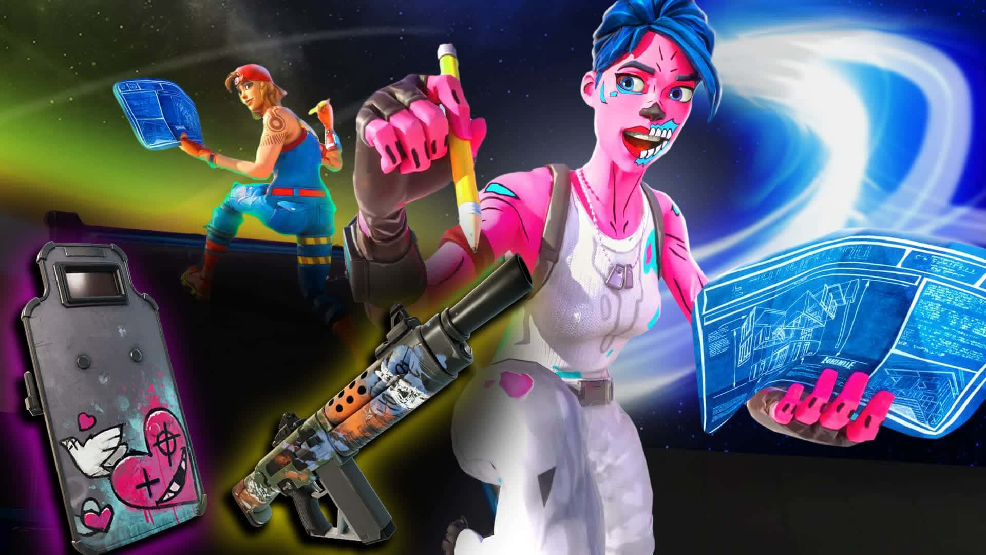 Fortnite Pink Ghoul Trooper, cosmic backdrop, neon-lit space, Full HD Desktop Wallpaper