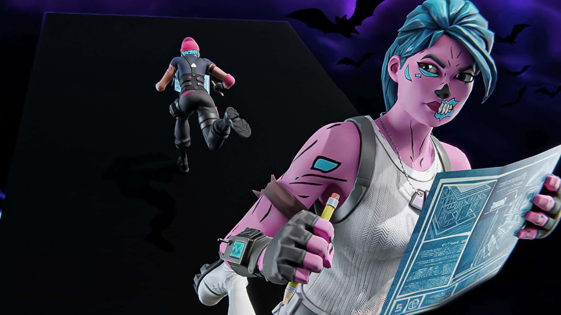 Fortnite Pink Ghoul Trooper, blue hair, skull makeup, Full HD Desktop Wallpaper