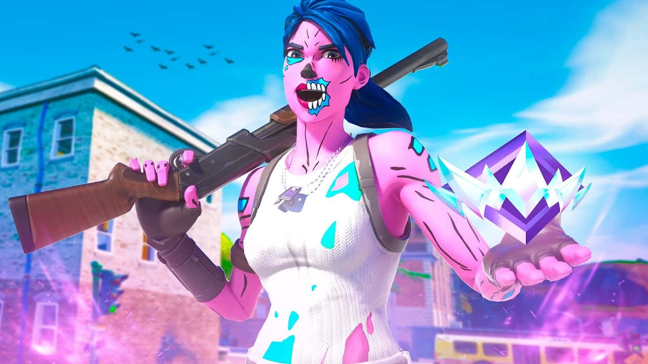 Fortnite Pink Ghoul Trooper, blue hair, shotgun, HD Desktop Wallpaper