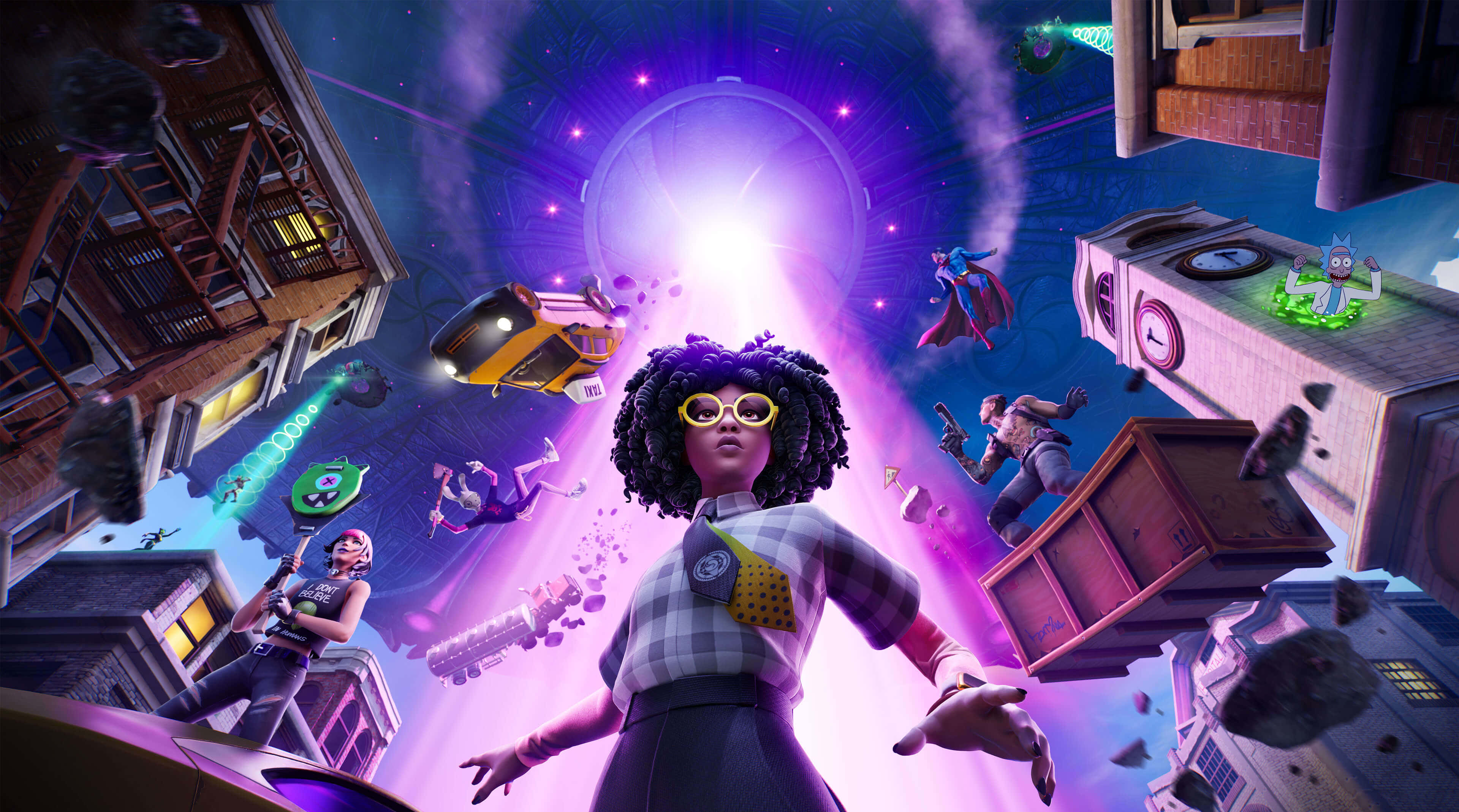 Fortnite Purple, curly hair, yellow glasses, 4K Desktop Wallpaper