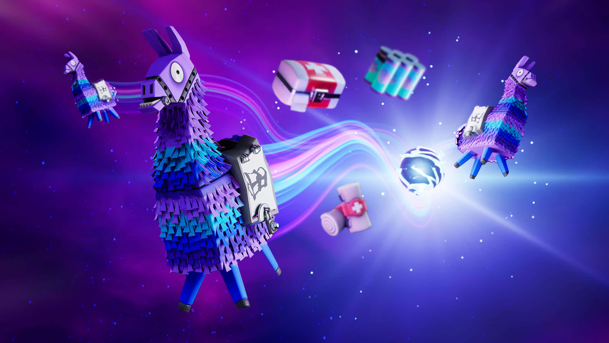 Fortnite Purple, pixelated purple llamas, cosmic purple nebula, 2K Desktop Wallpaper