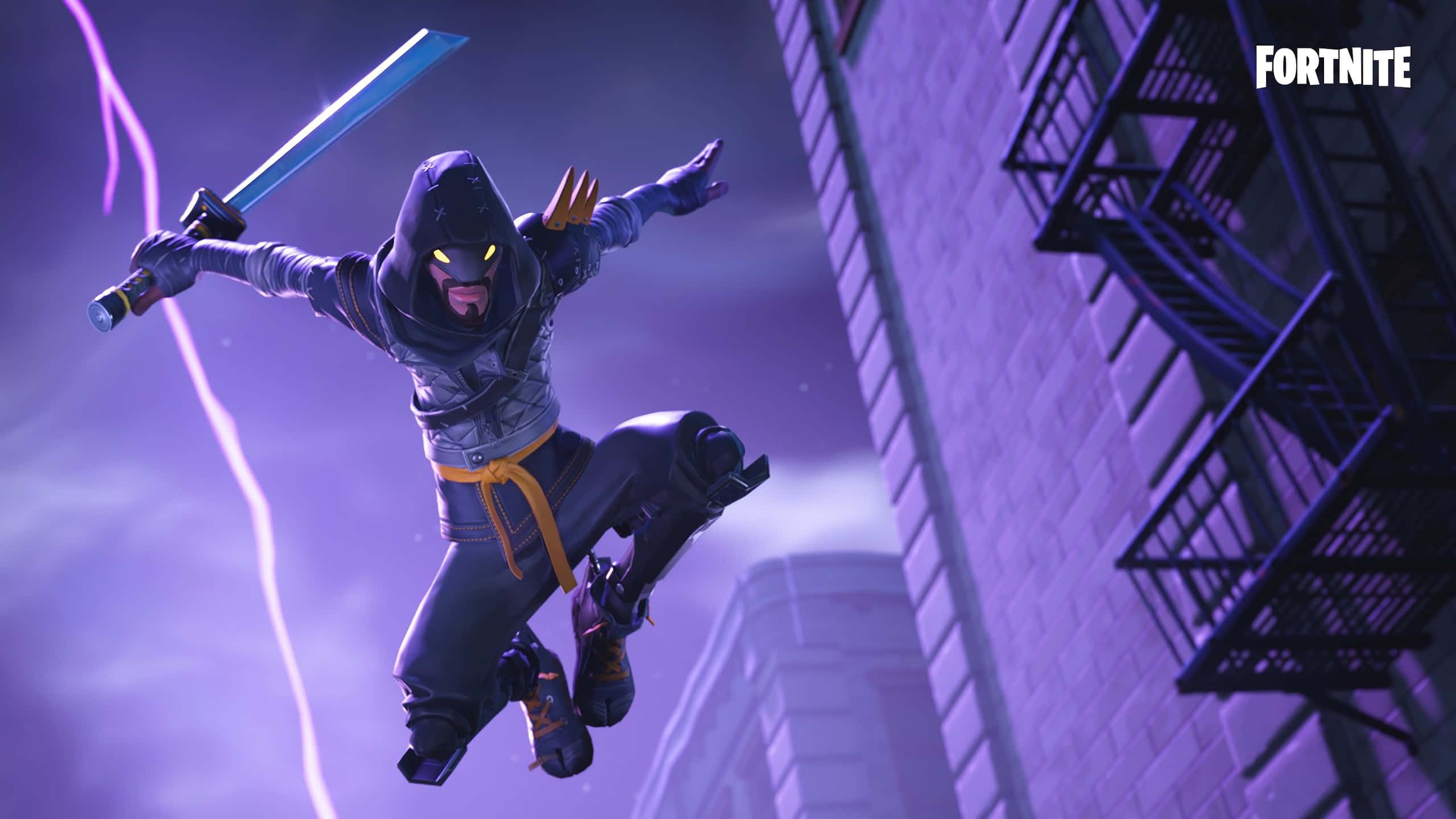Fortnite Purple, ninja character, city buildings, 2K Desktop Wallpaper