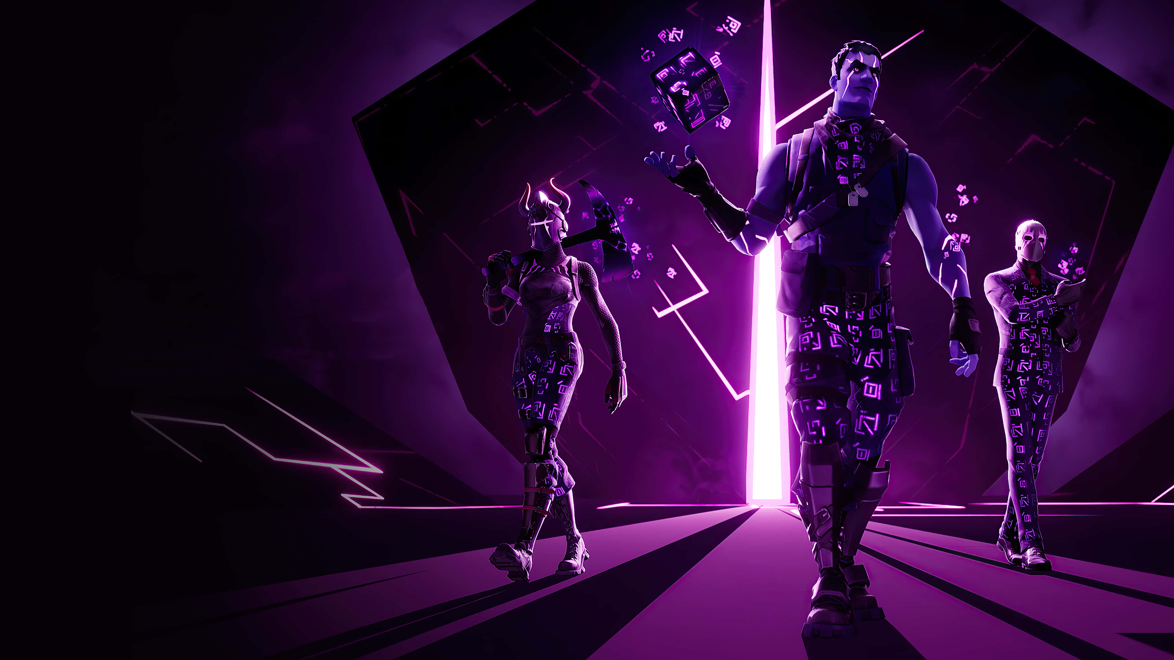 Fortnite Purple, cyberpunk figures, glowing purple suits, 4K Desktop Wallpaper