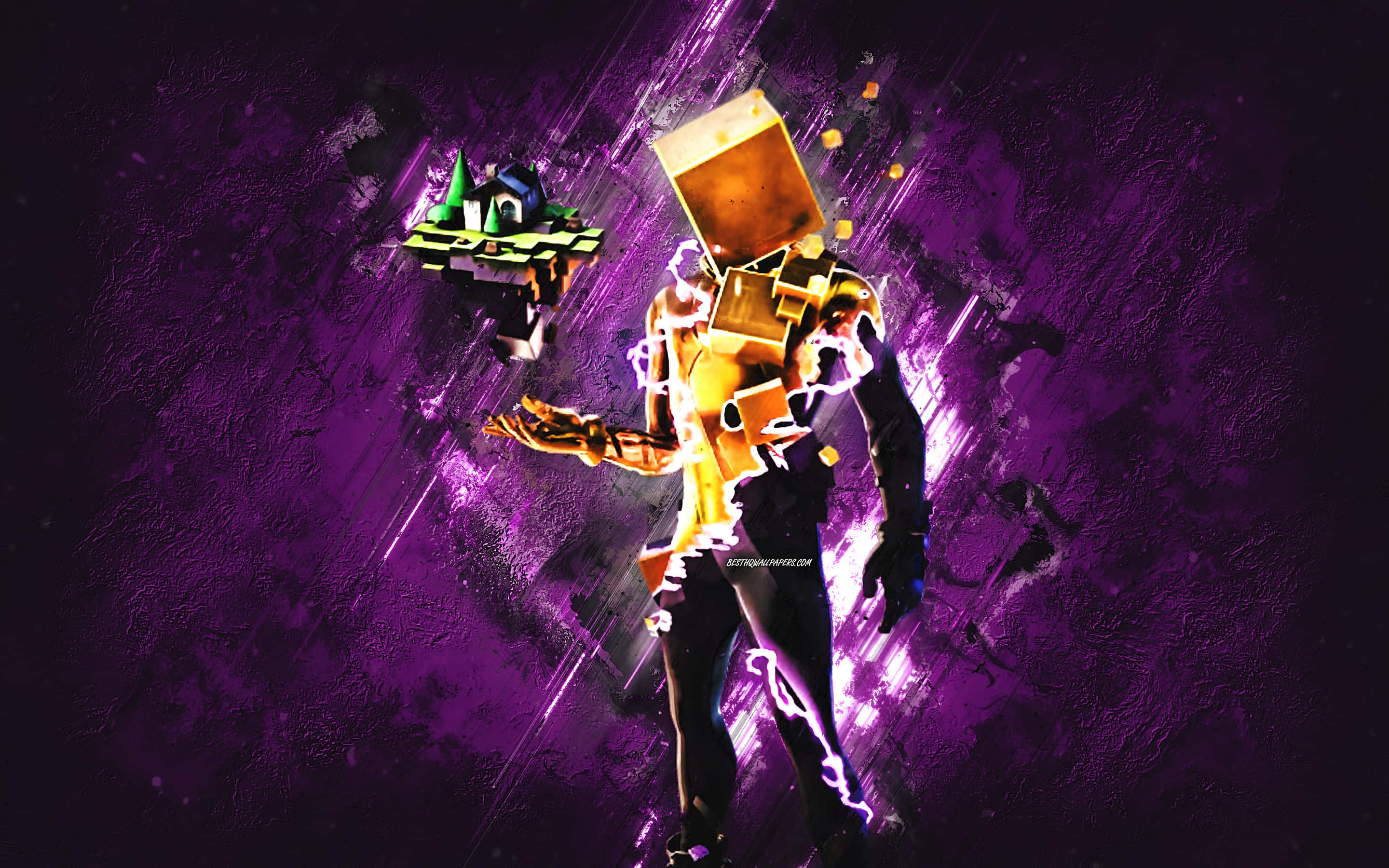 Fortnite, purple, glowing golden block-headed figure, 2K Desktop Wallpaper