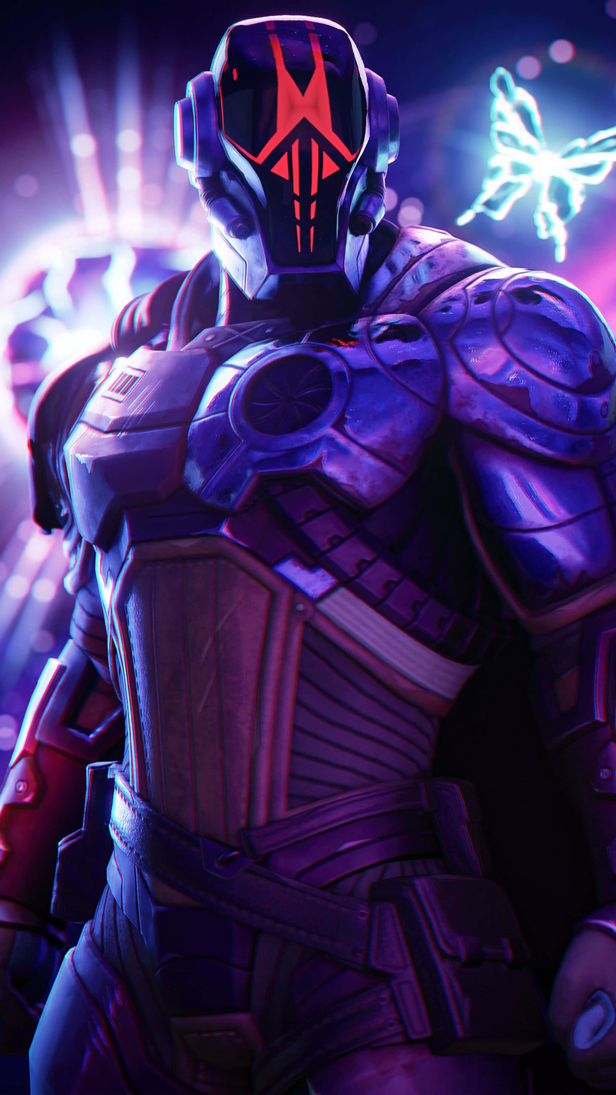 Fortnite Purple, glowing red visor, vibrant purple and blue neon-lit background, 4K Phone Wallpaper