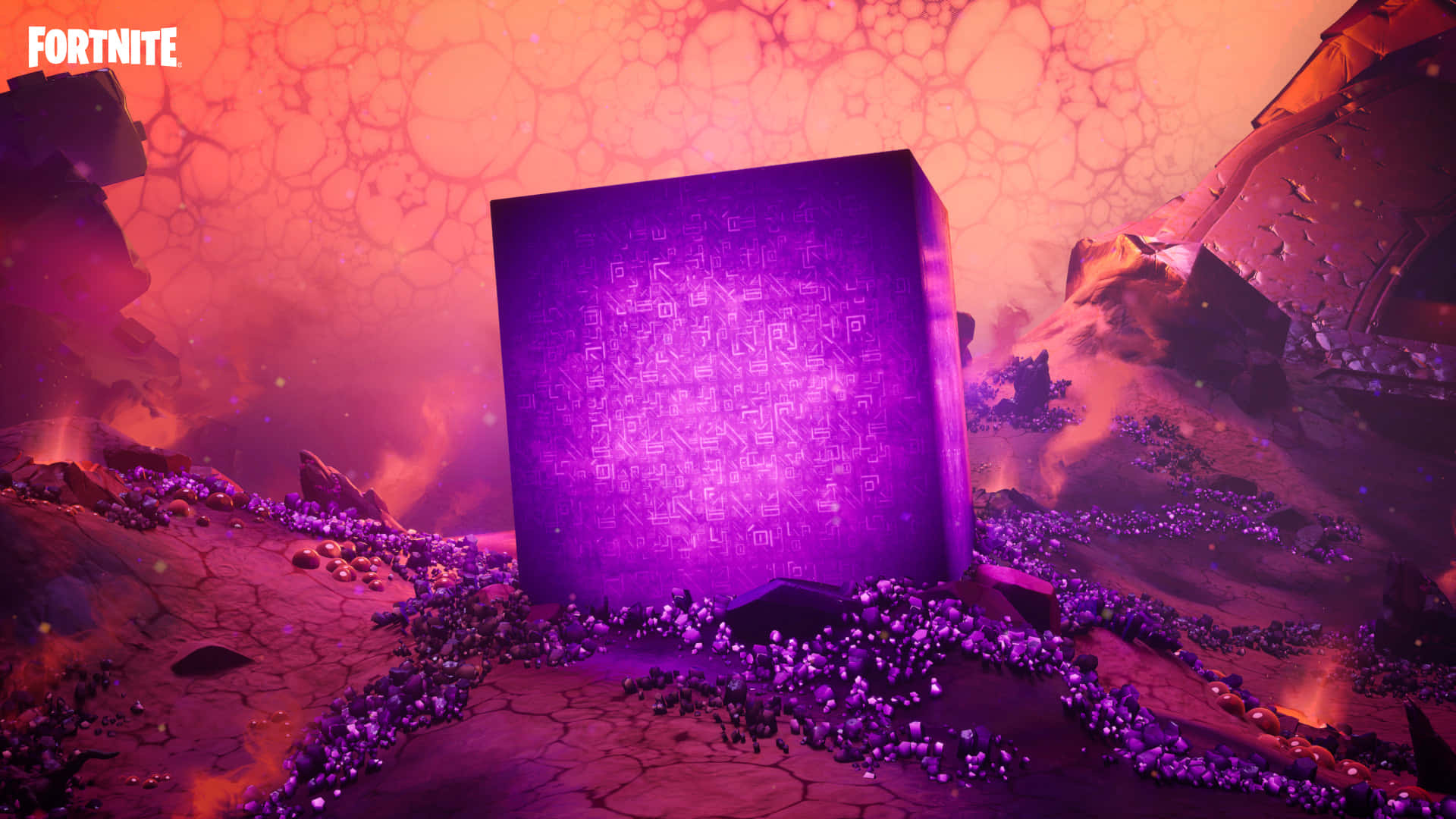 Fortnite Purple, glowing purple cube, glowing symbols, Full HD Desktop Wallpaper