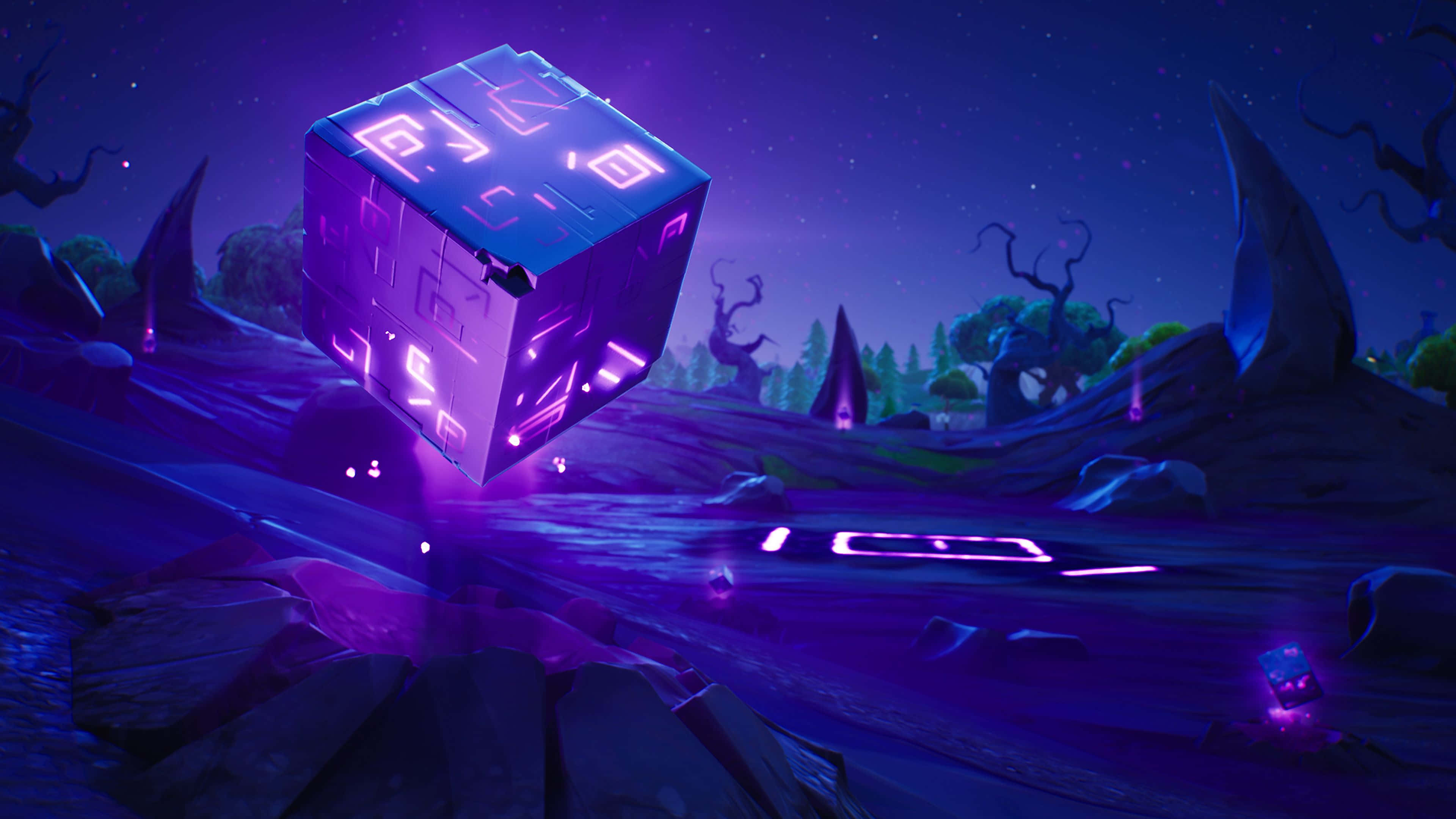fortnite, purple cube, night sky, 4K Desktop Wallpaper