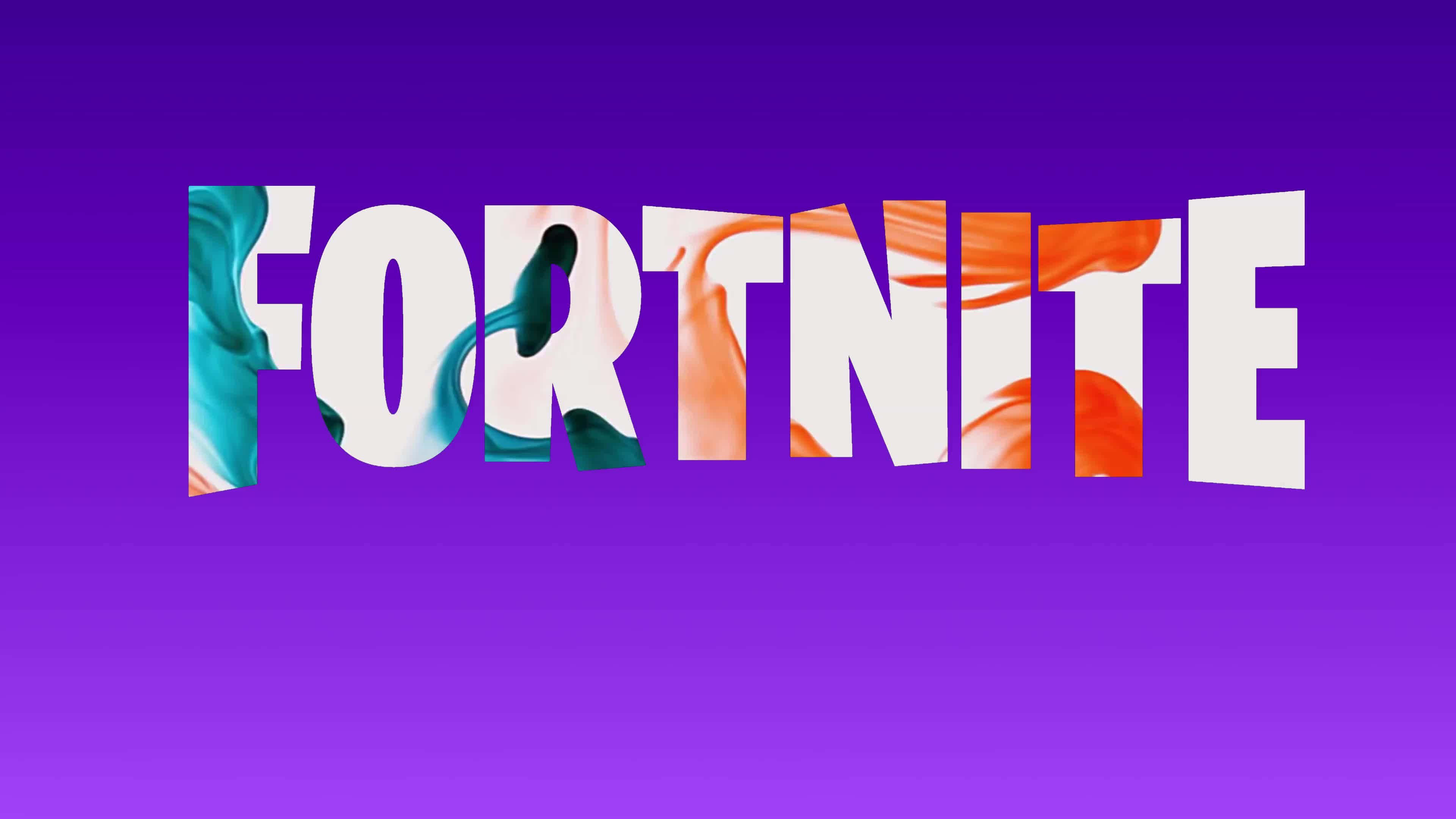 Fortnite, purple gradient background, teal and orange paint splashes, 4K Desktop Wallpaper