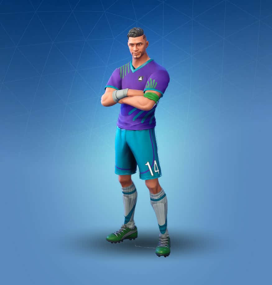 Fortnite Soccer Skin, purple and teal uniform, blue geometric background, SD Phone Wallpaper