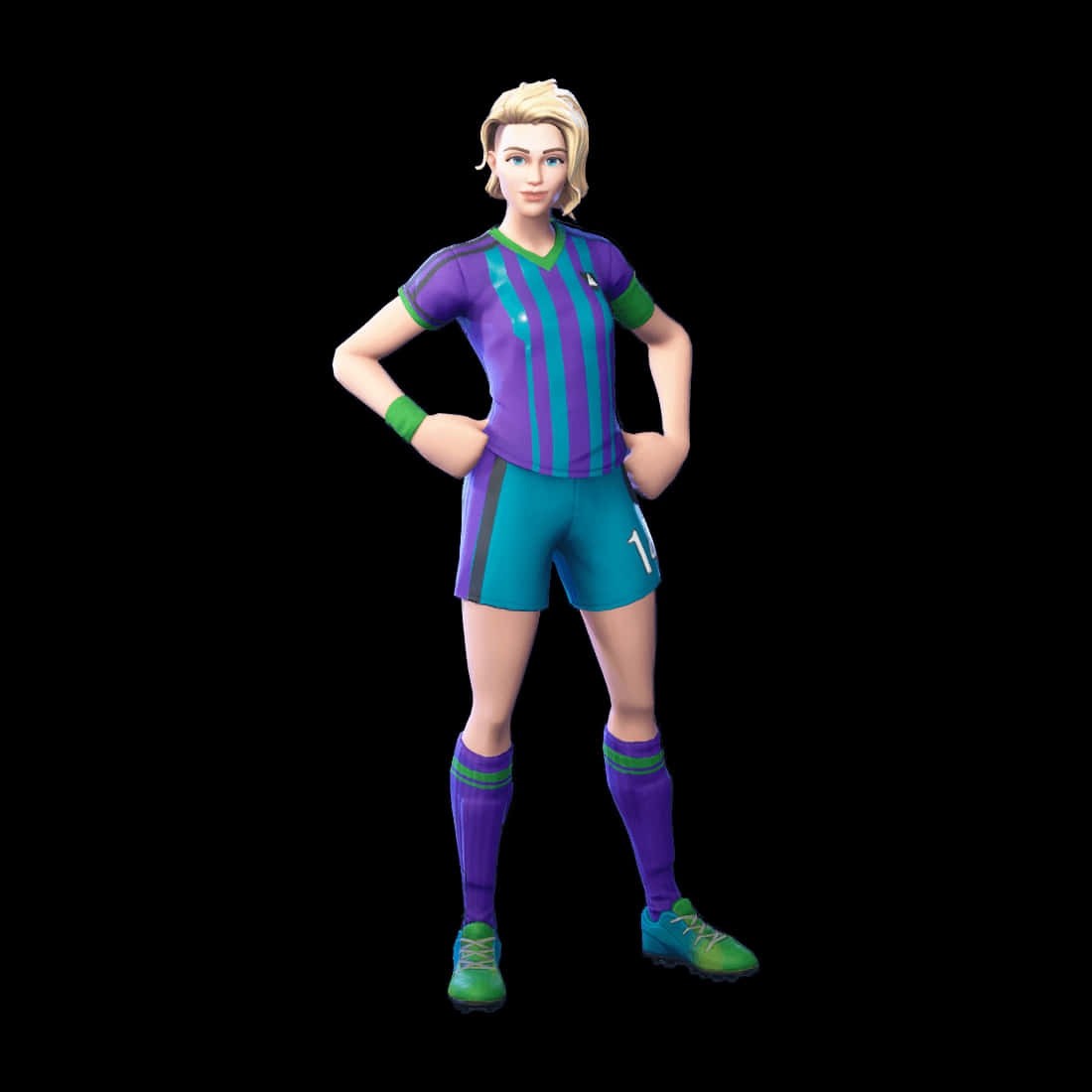 Fortnite Soccer Skin, purple and teal striped jersey, female soccer player, SD Desktop Wallpaper