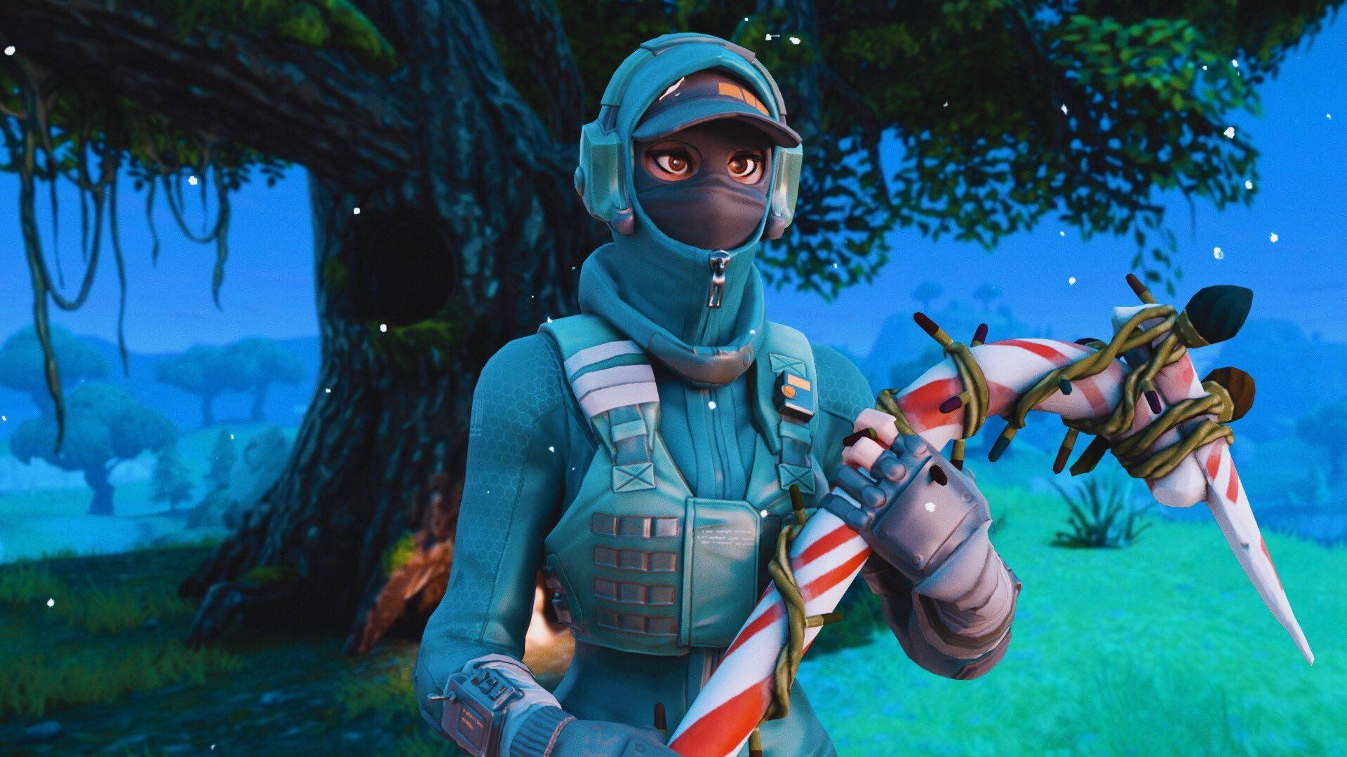 Fortnite, teal gear, candy cane weapon, Full HD Desktop Wallpaper