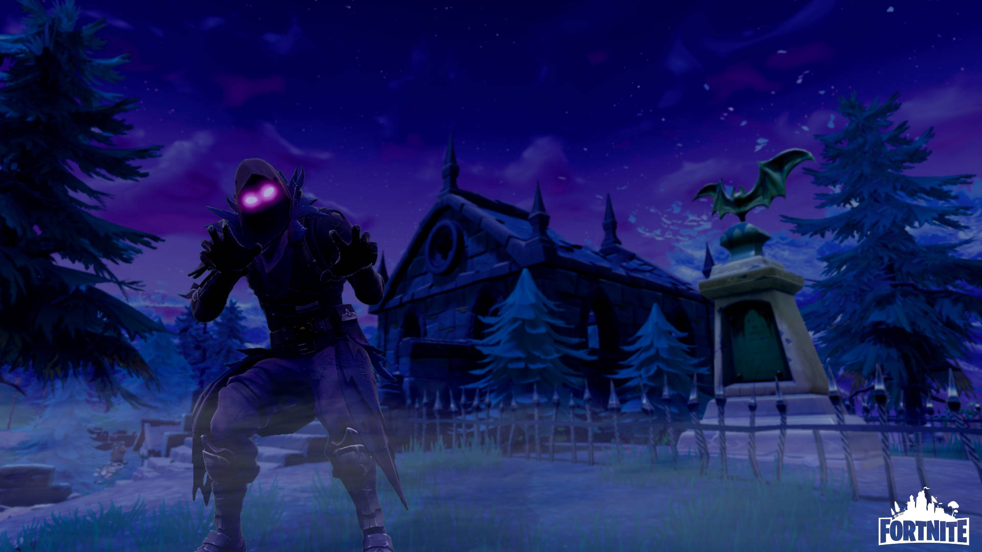 Fortnite, glowing-eyed masked figure, haunted church, Full HD Desktop Wallpaper