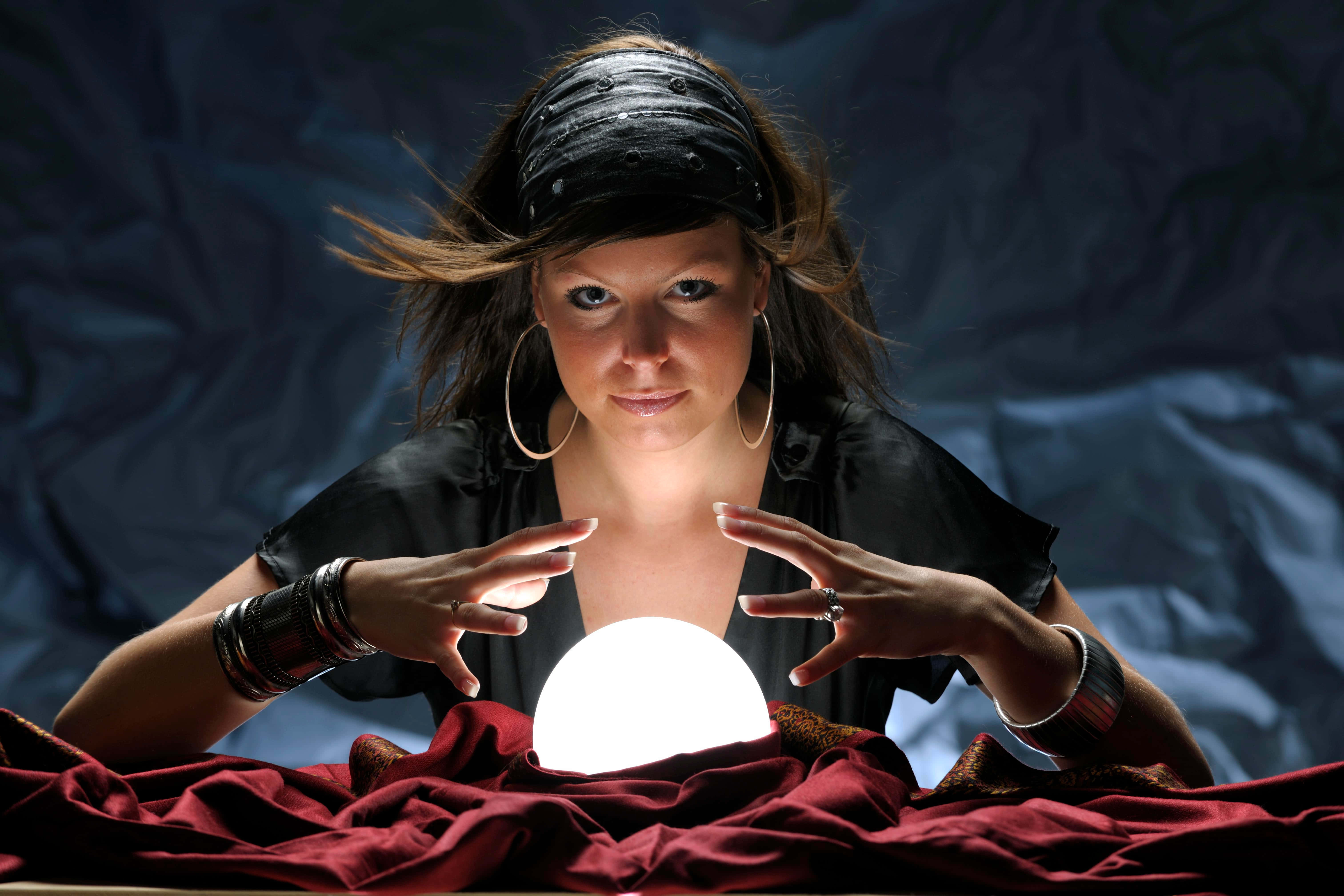 Fortune Teller, glowing crystal ball, red cloth, 5K Desktop Wallpaper