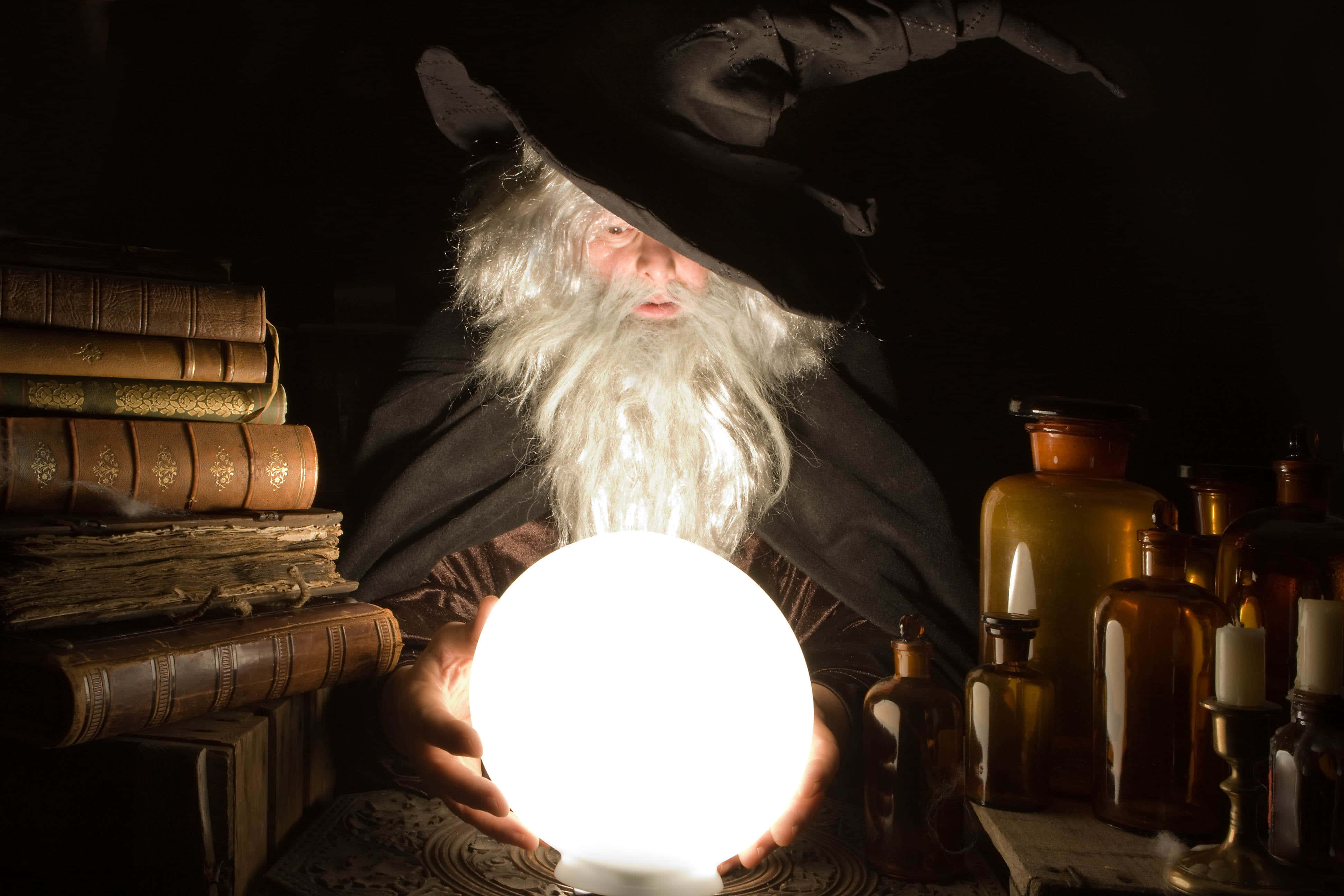 Fortune Teller, glowing crystal ball, dimly lit study, 4K Desktop Wallpaper