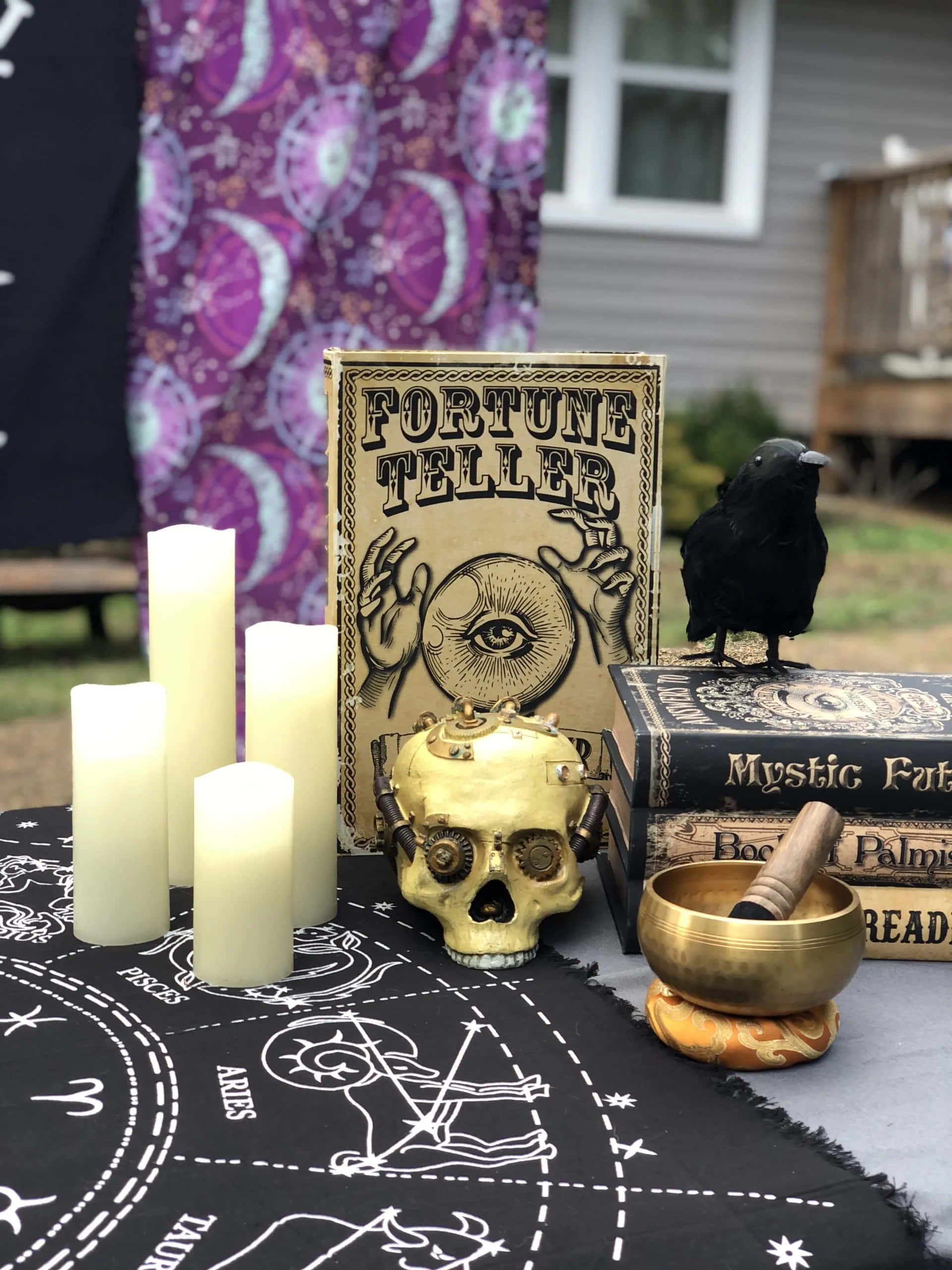 fortune teller, glowing crystal ball, golden skull candlesticks, 2K Phone Wallpaper