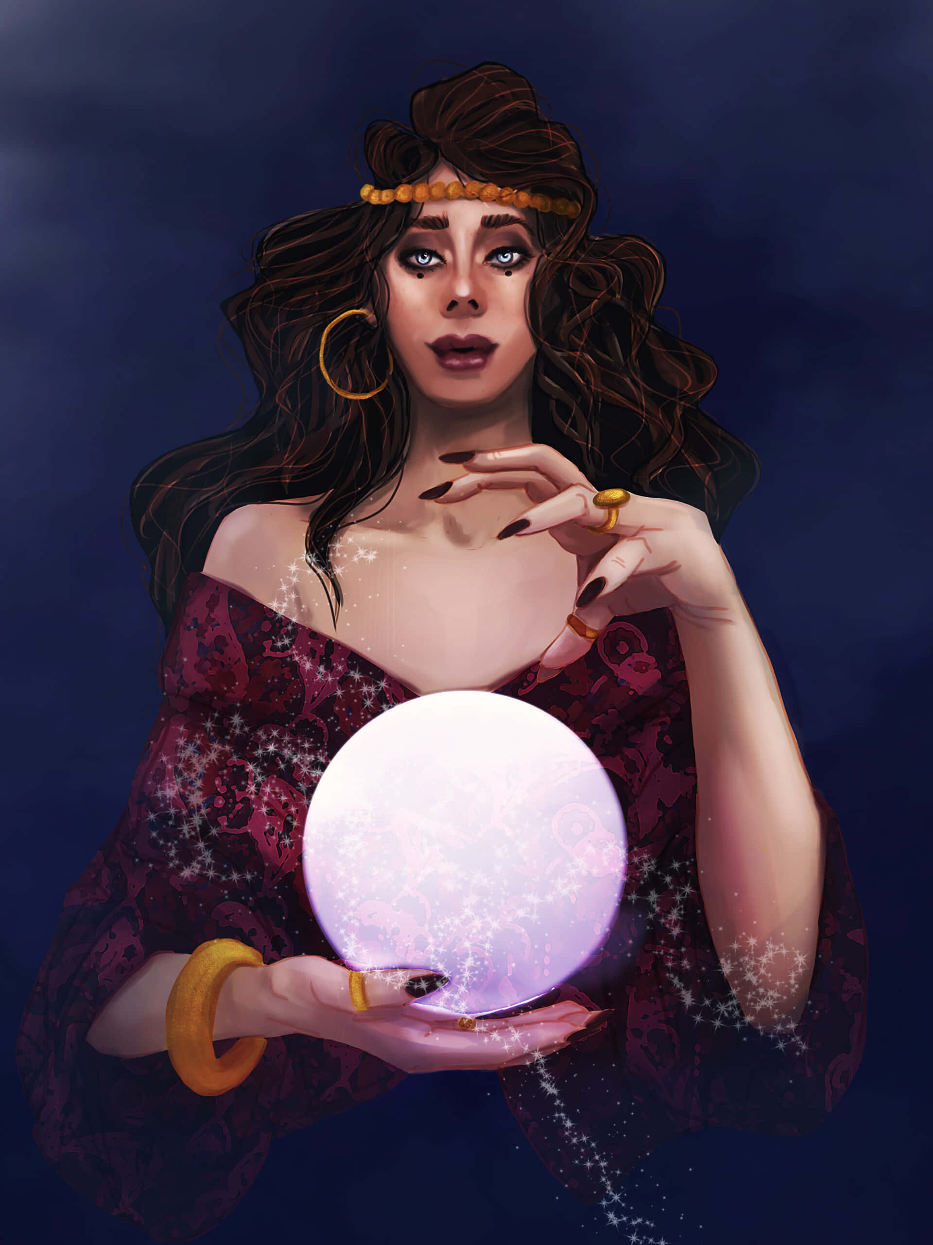 Fortune Teller, candlelit room, glowing crystal ball, 2K Phone Wallpaper