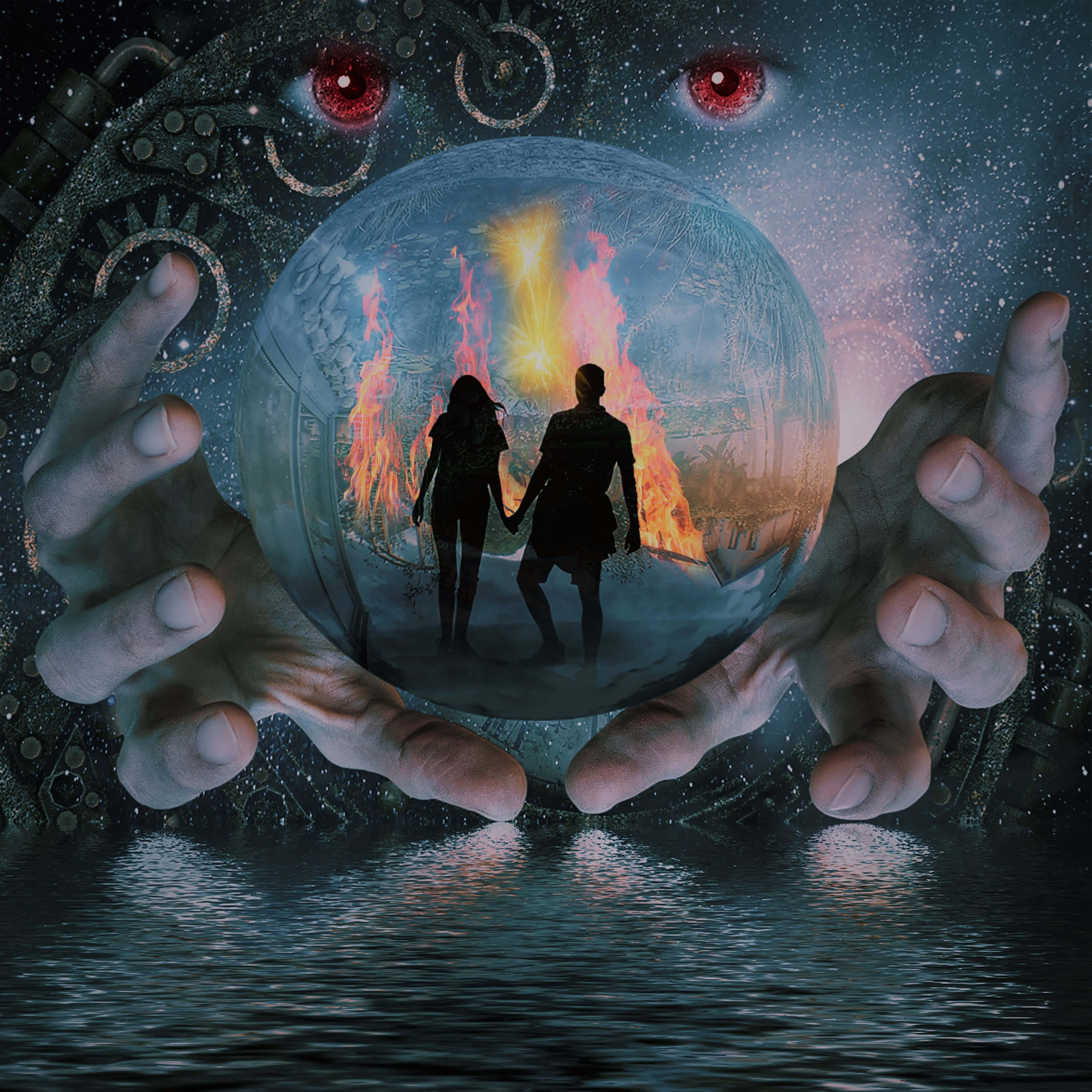 Fortune Teller 3000, crystal ball, fiery flames, 2K Desktop Wallpaper