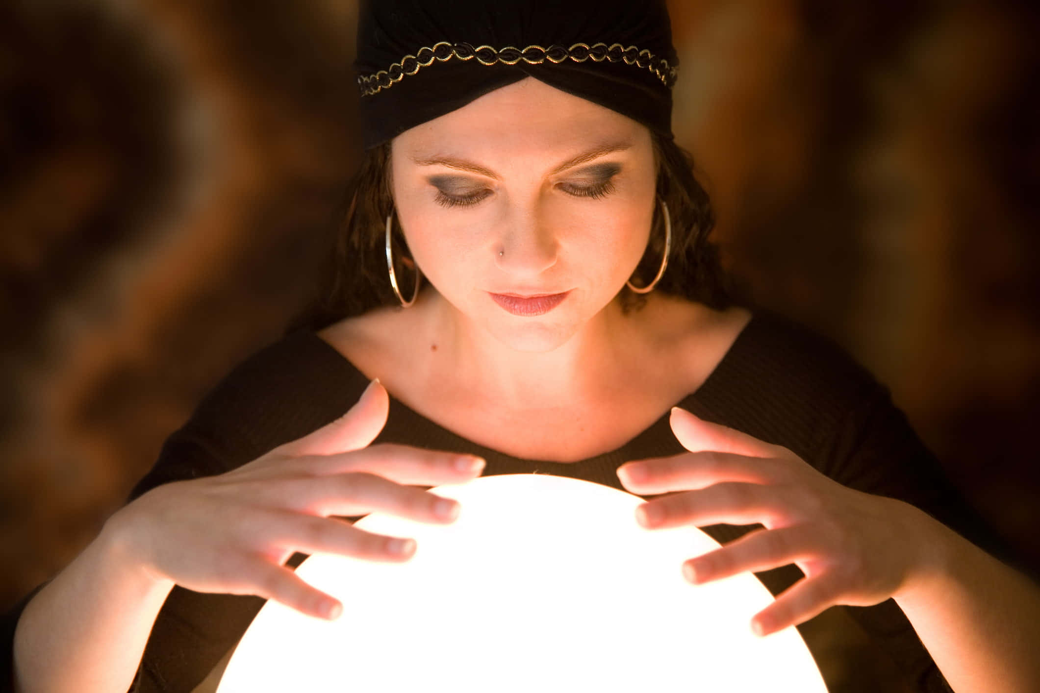 Fortune Teller, glowing crystal ball, black headscarf, Full HD Desktop Wallpaper