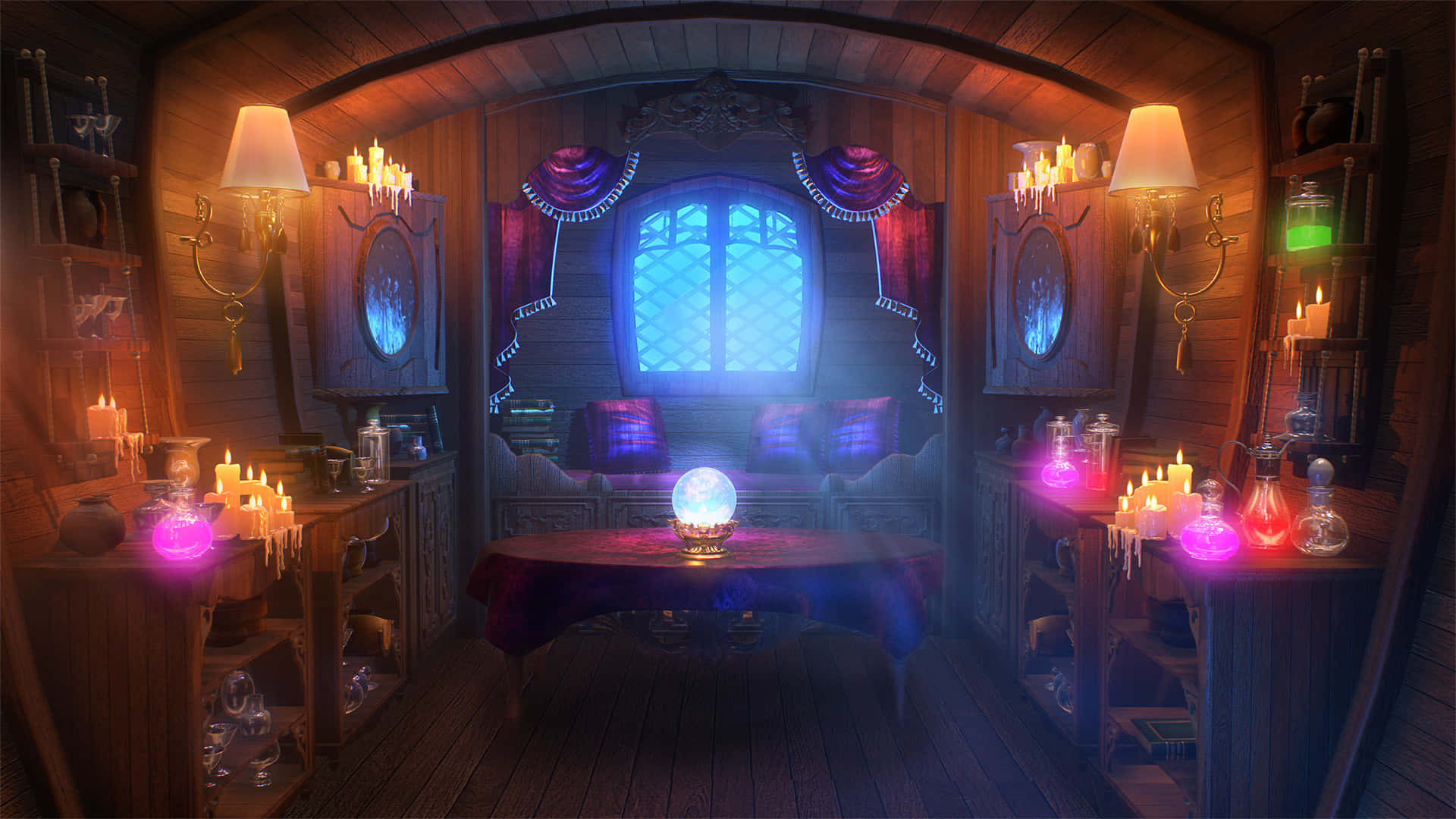 Fortune Teller, candlelit room, glowing purple potions, Full HD Desktop Wallpaper