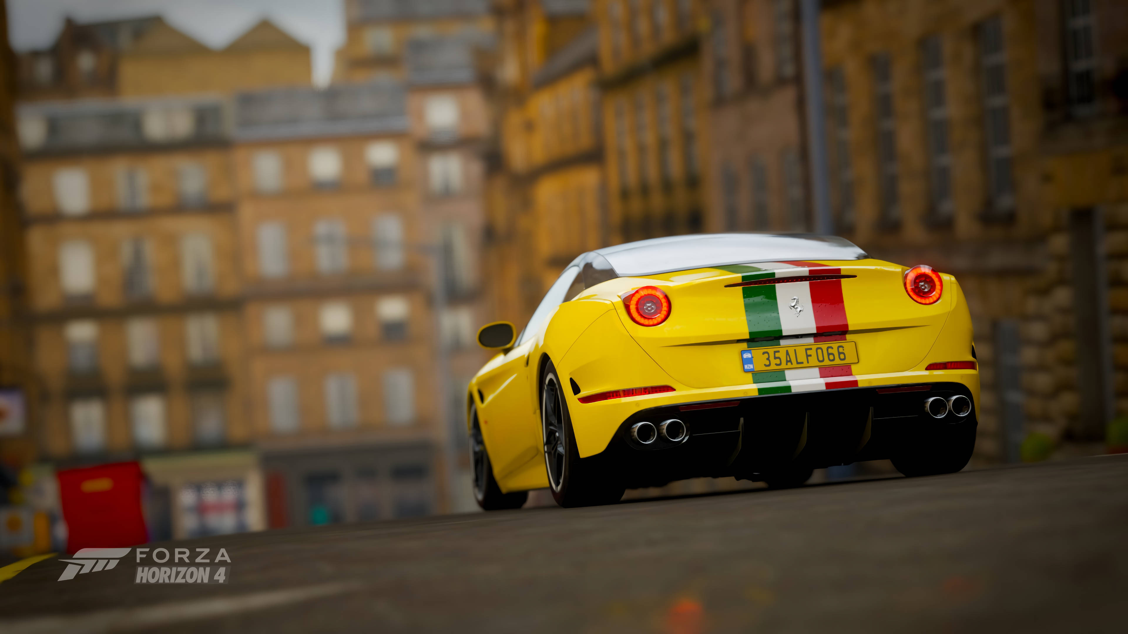 Forza 4, yellow Ferrari, Italian flag stripes, 4K Desktop Wallpaper
