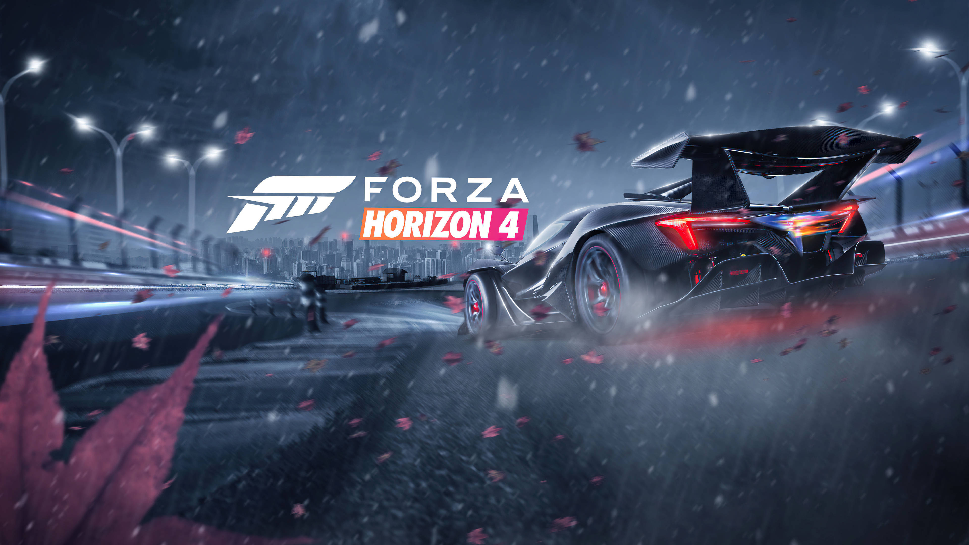 Forza 4, sleek black race car, glowing red taillights, 4K Desktop Wallpaper