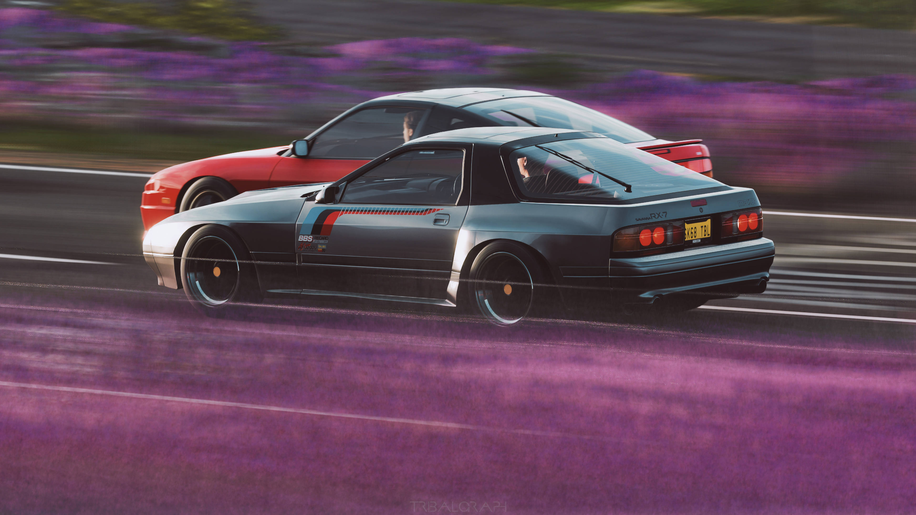 Forza 4, sports cars, vibrant purple flowers, 4K Desktop Wallpaper