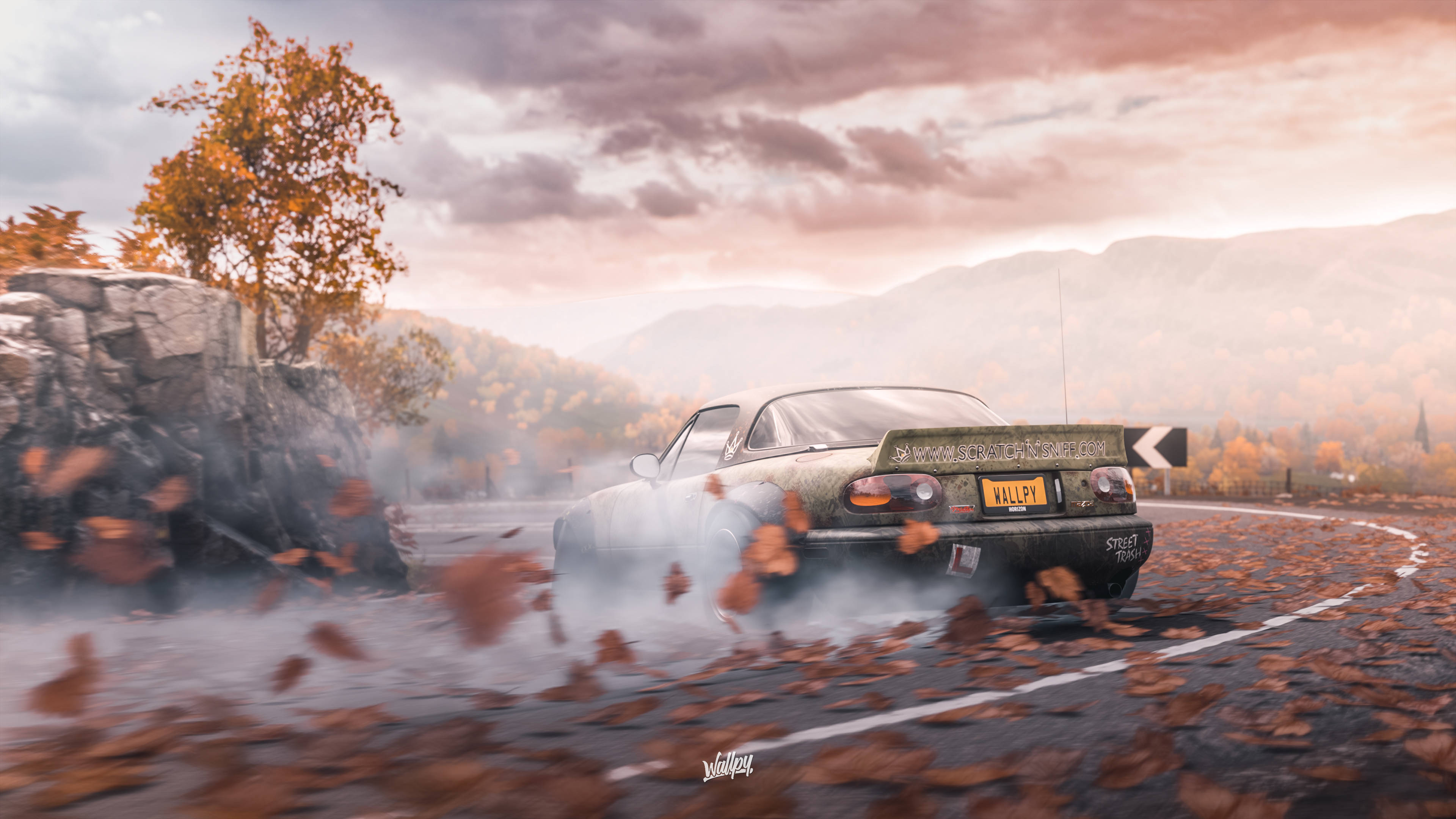 Forza 4, vintage sports car, misty autumn forest road, 4K Desktop Wallpaper