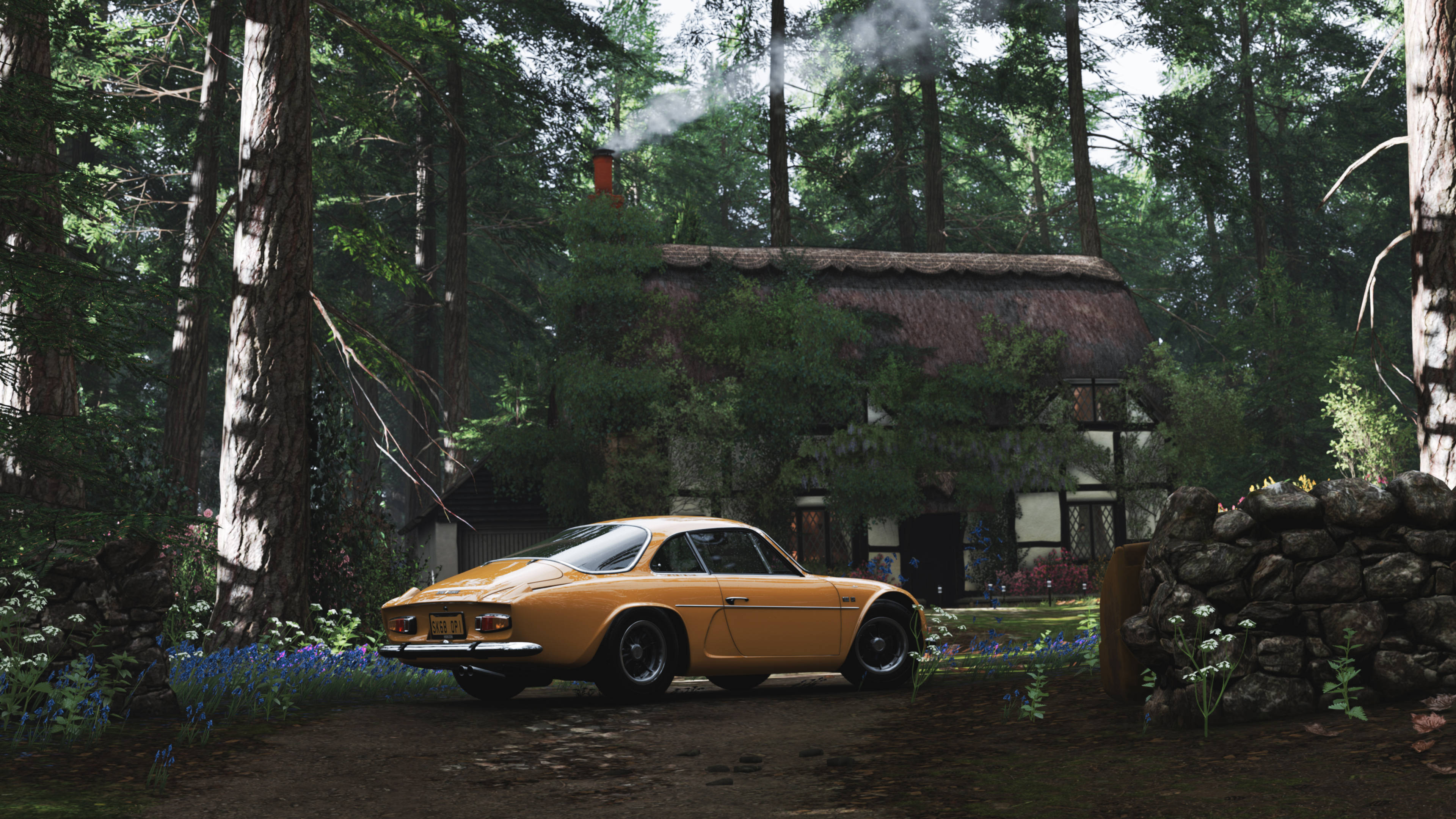 Forza 4, vintage yellow sports car, rustic thatched cottage, 4K Desktop Wallpaper