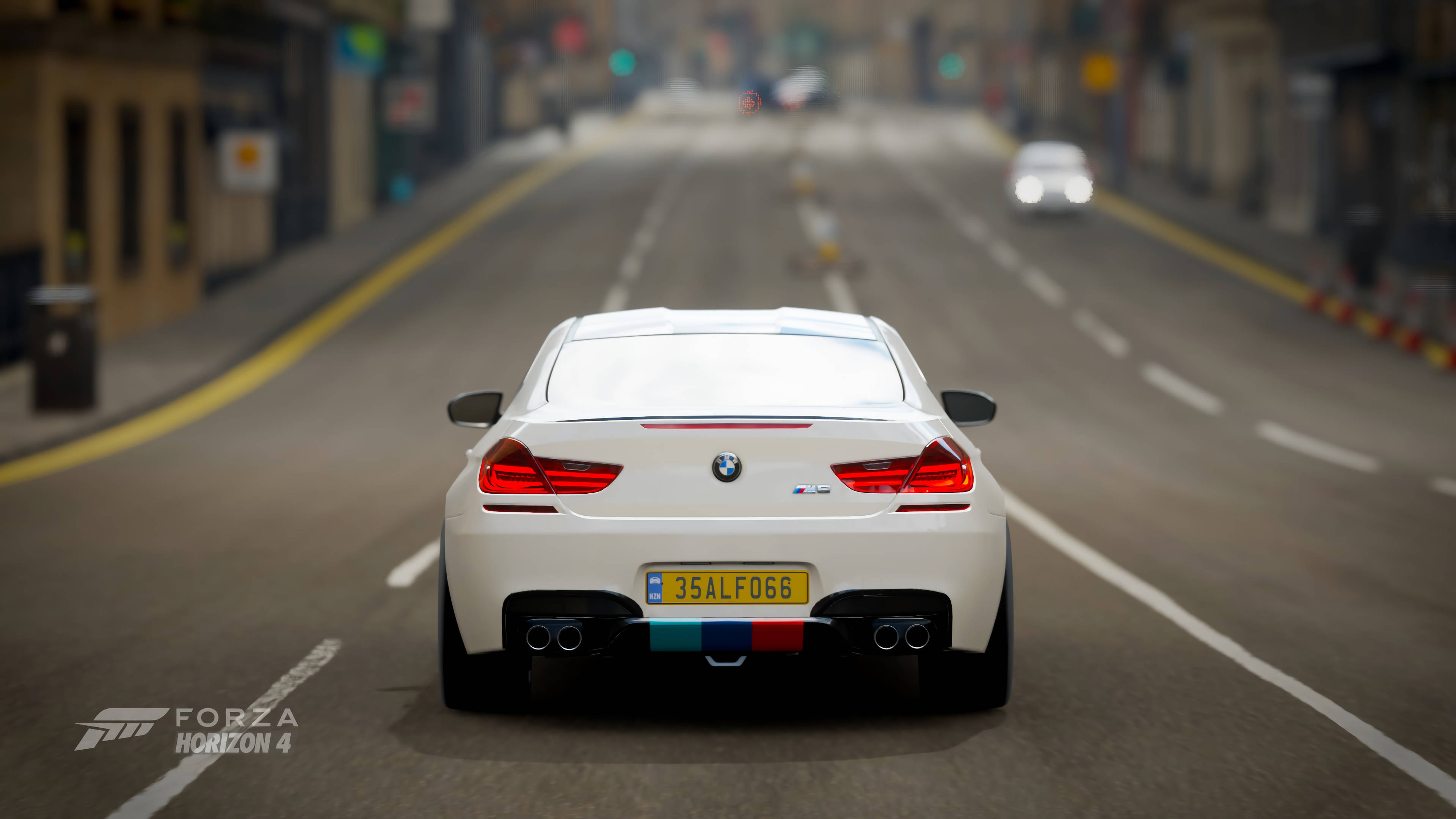 Forza 4, white BMW M6 coupe, misty urban street, 4K Desktop Wallpaper