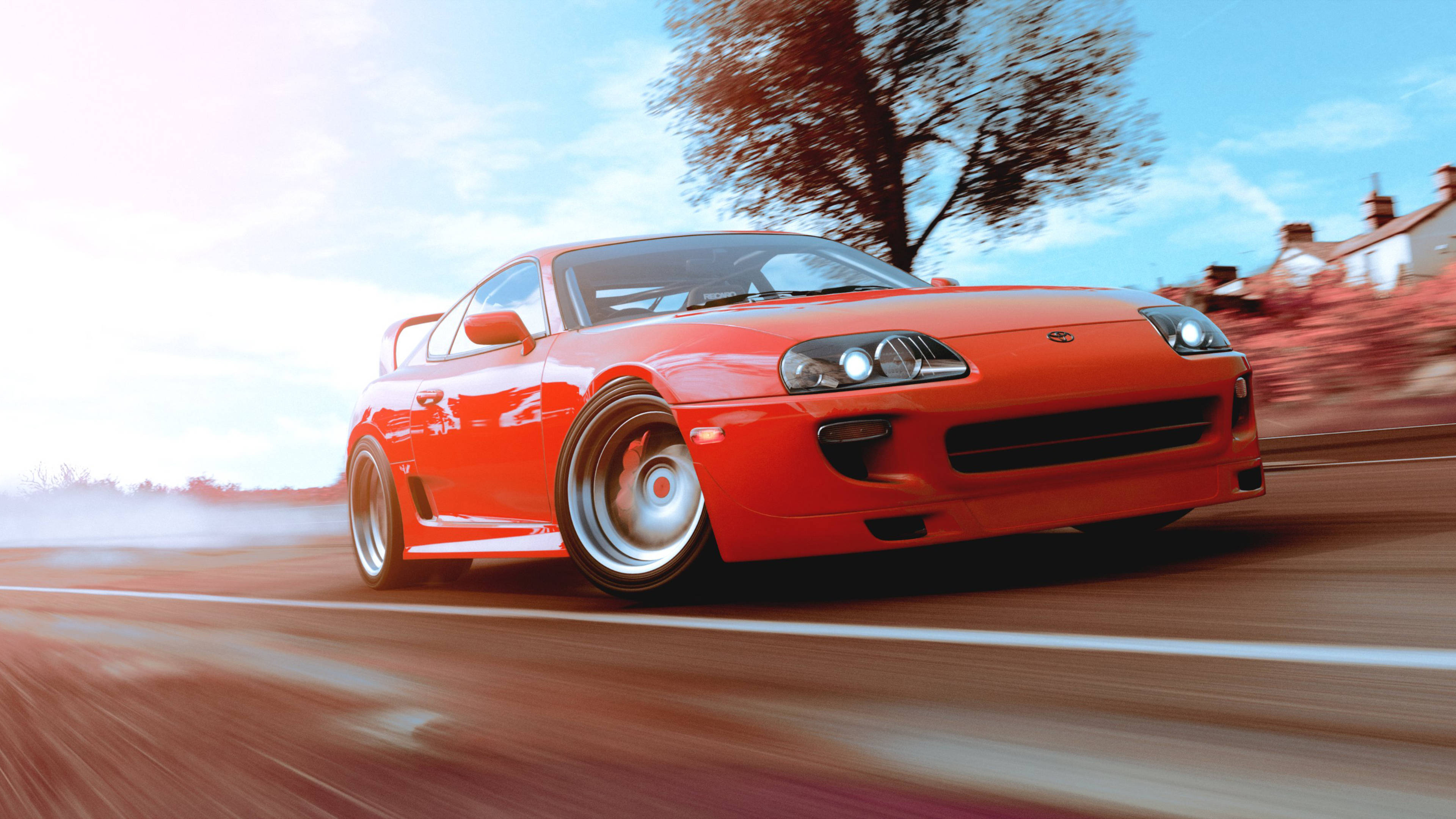 Forza 4, vibrant red sports car, sunlit road, 4K Desktop Wallpaper