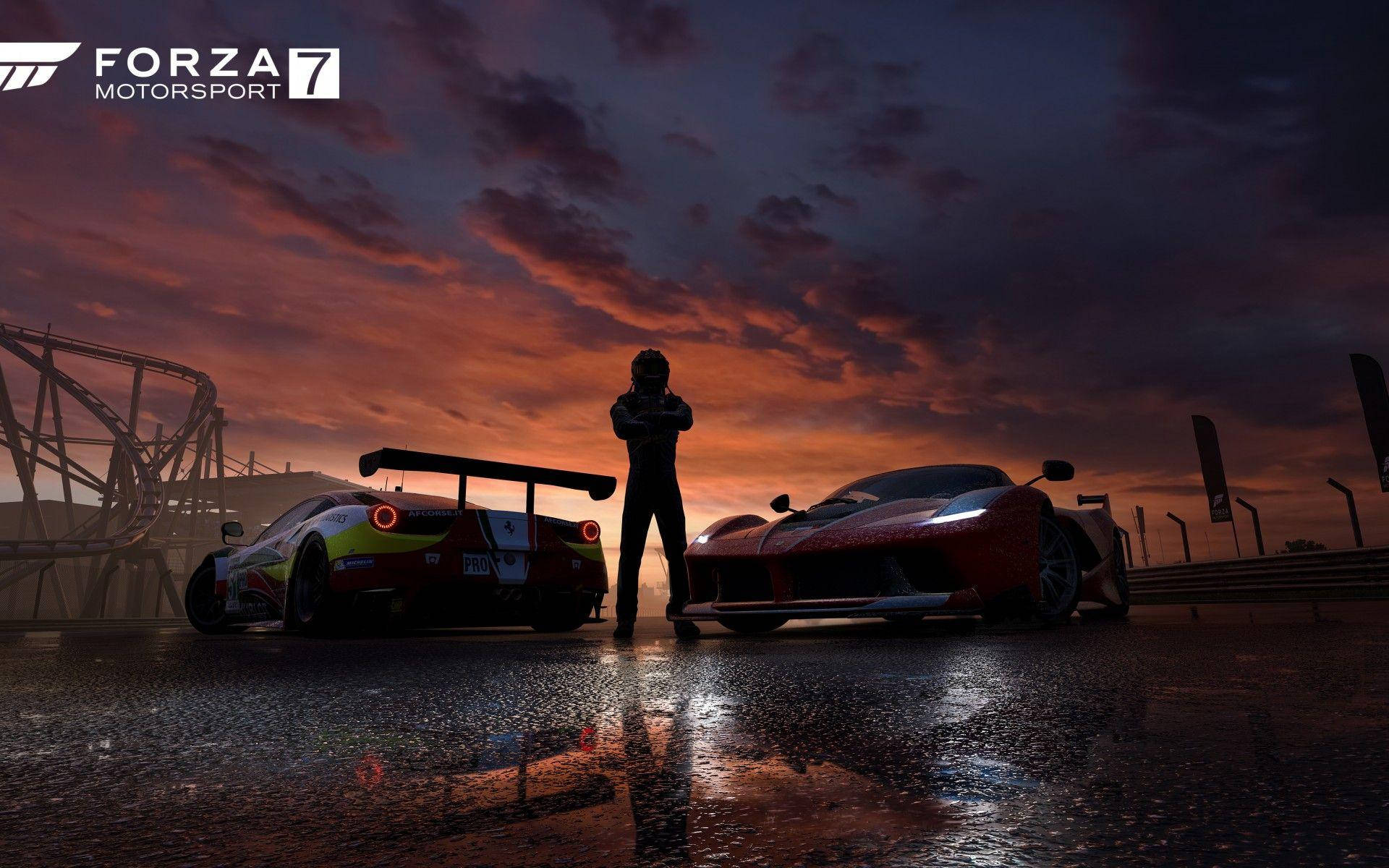 Forza 7, rider silhouette, high-performance sports cars, Full HD Desktop Wallpaper