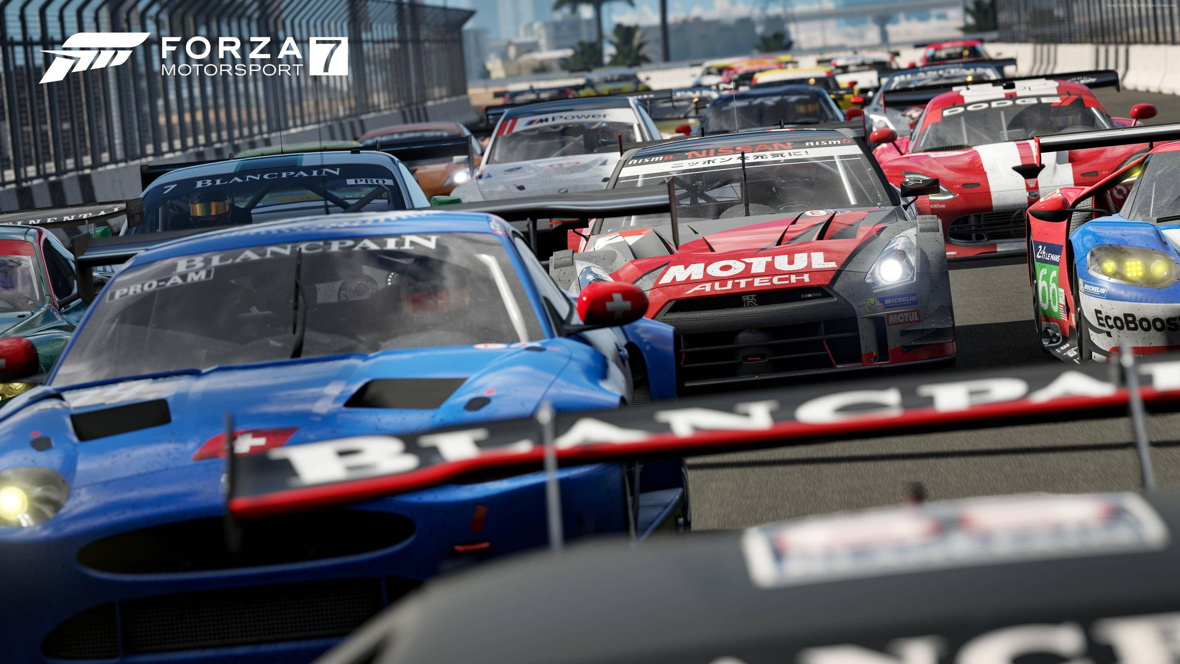 Forza 7, racing cars, sunlit track, 4K Desktop Wallpaper