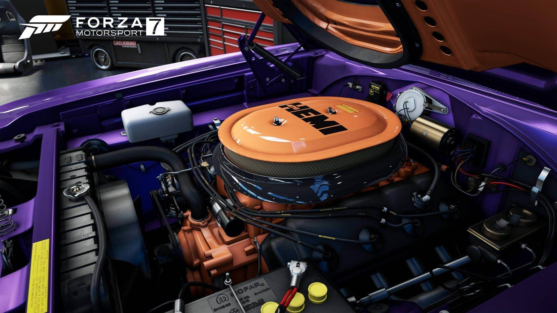 Forza 7, vibrant purple classic muscle car, orange HEMI air filter, Full HD Desktop Wallpaper