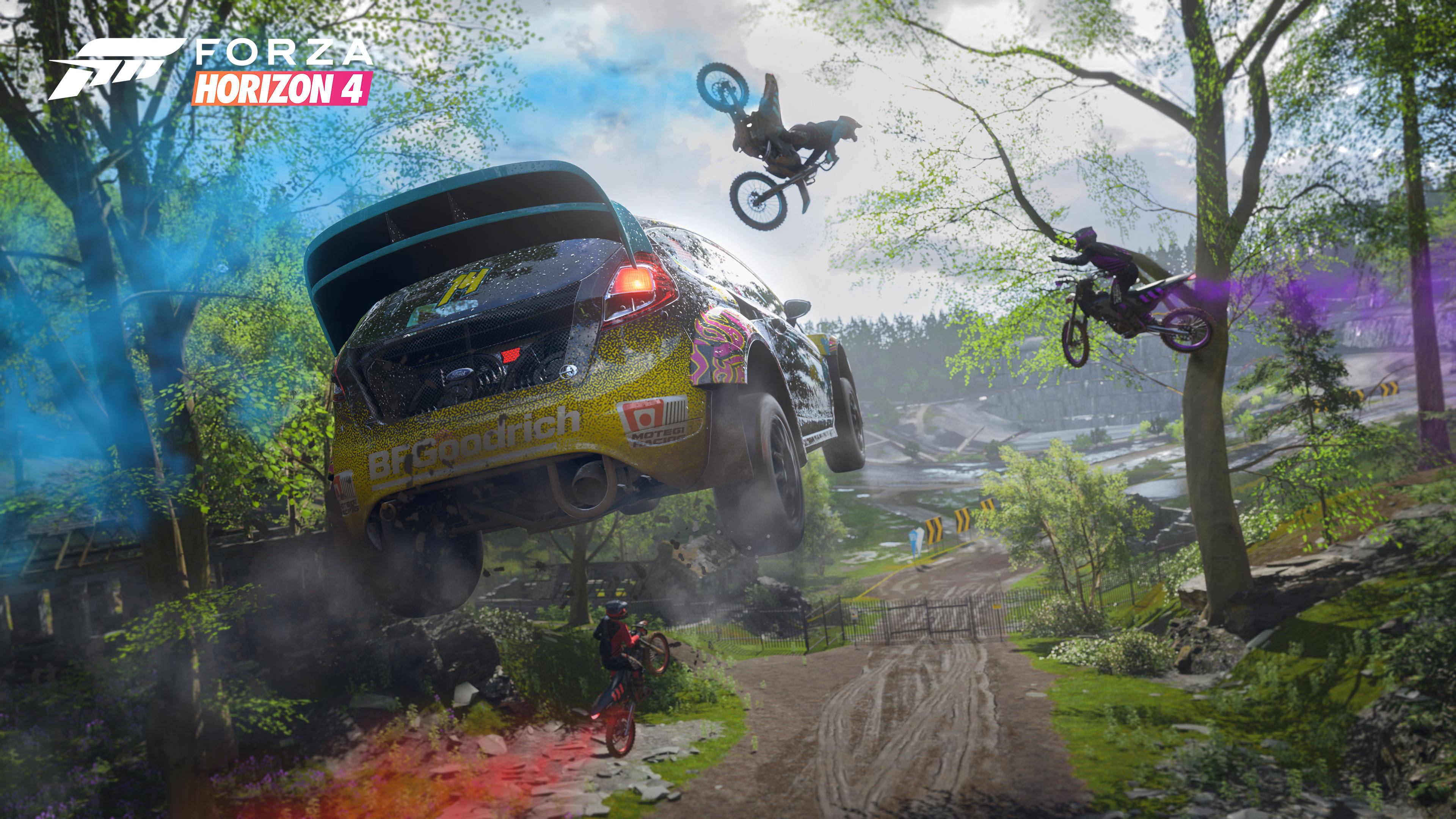 Forza Gaming, yellow rally car, motorcyclists, 4K Desktop Wallpaper