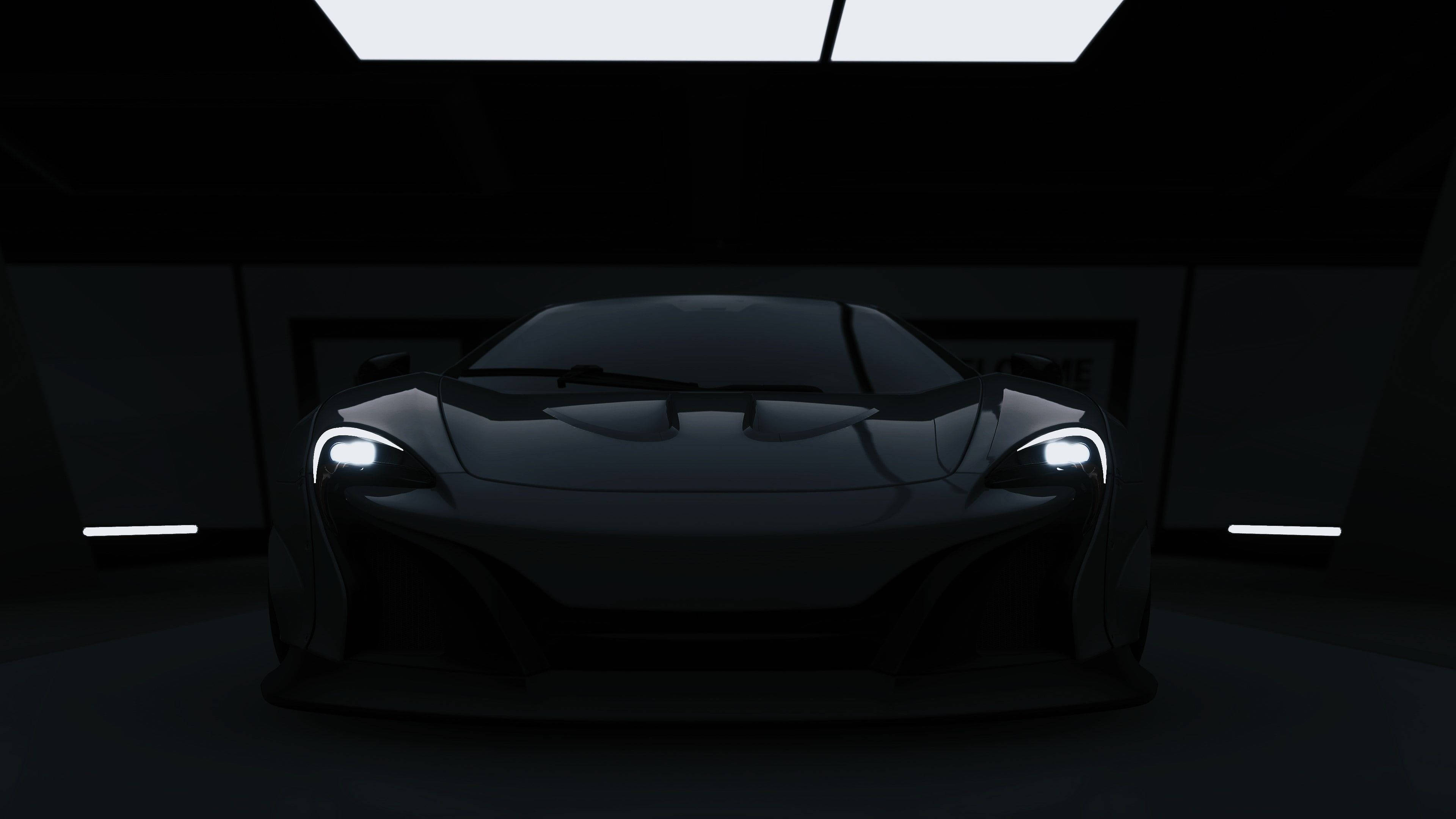Forza Gaming, sleek black sports car, bright headlights, 4K Desktop Wallpaper