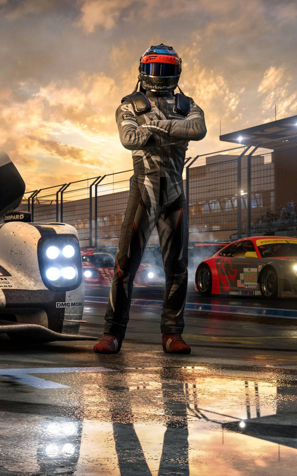 Forza Gaming, race car driver, wet track, HD Phone Wallpaper