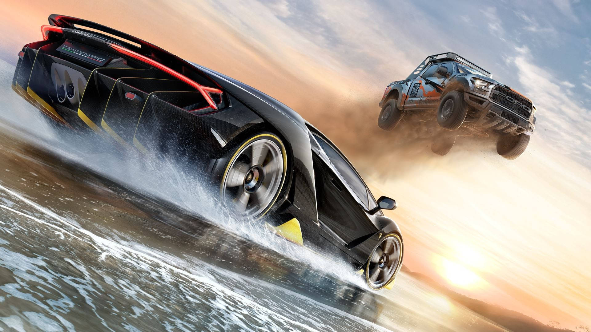 Forza Gaming, black sports car, rugged truck, Full HD Desktop Wallpaper