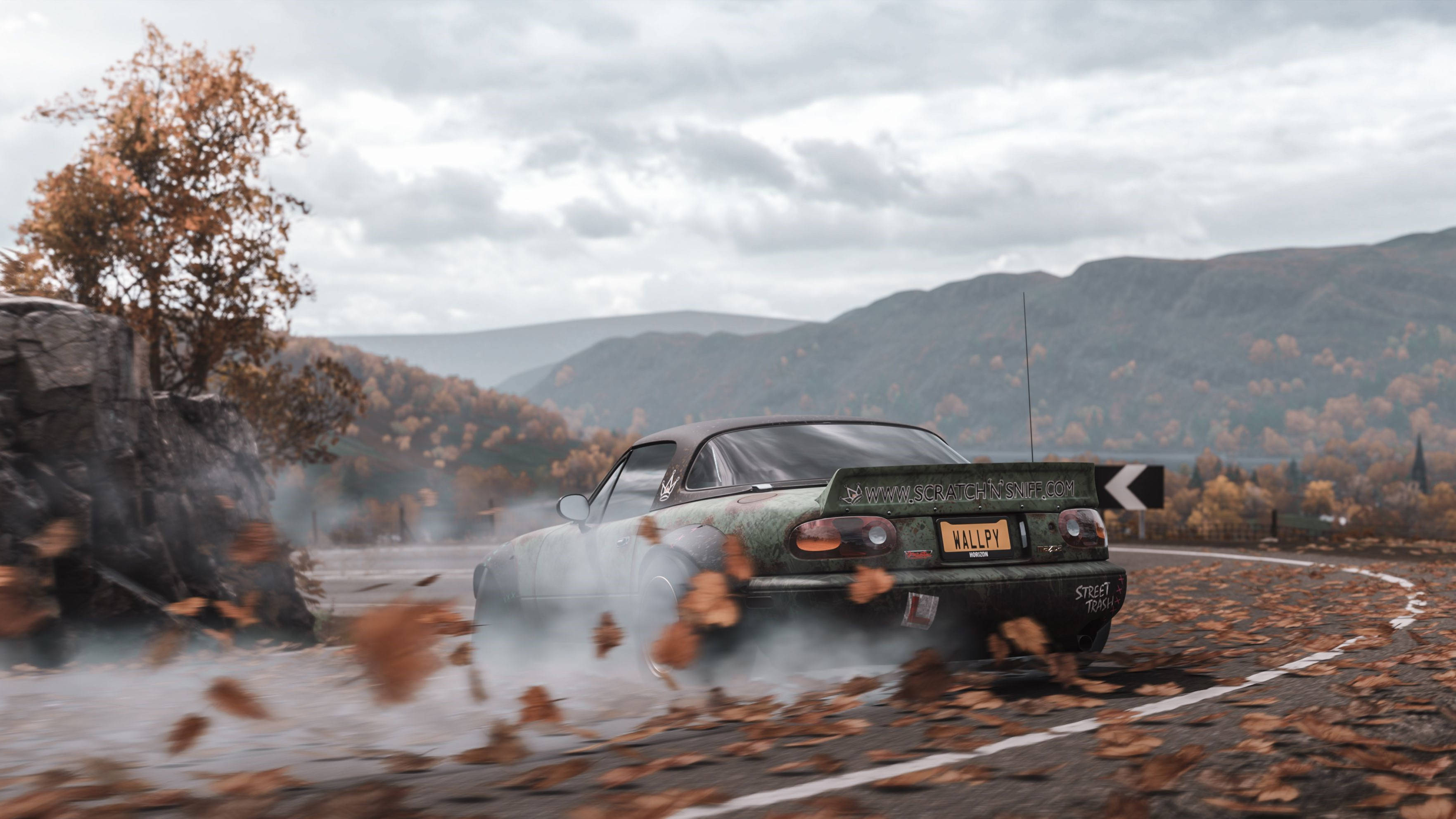 Forza Gaming, vintage green sports car, wet autumn bend, 2K Desktop Wallpaper