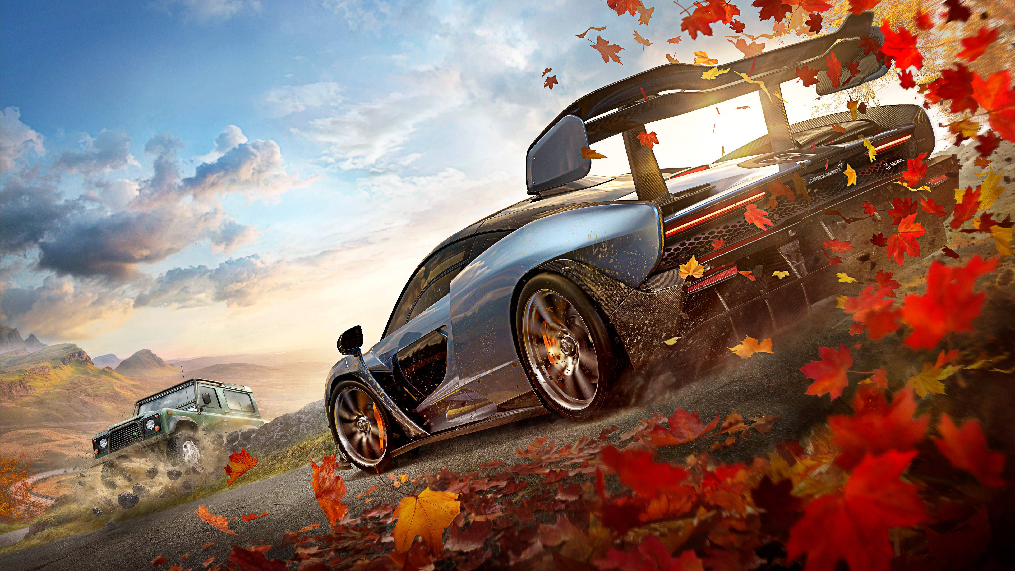 Forza Gaming, sleek blue sports car, vibrant autumn forest, 4K Desktop Wallpaper