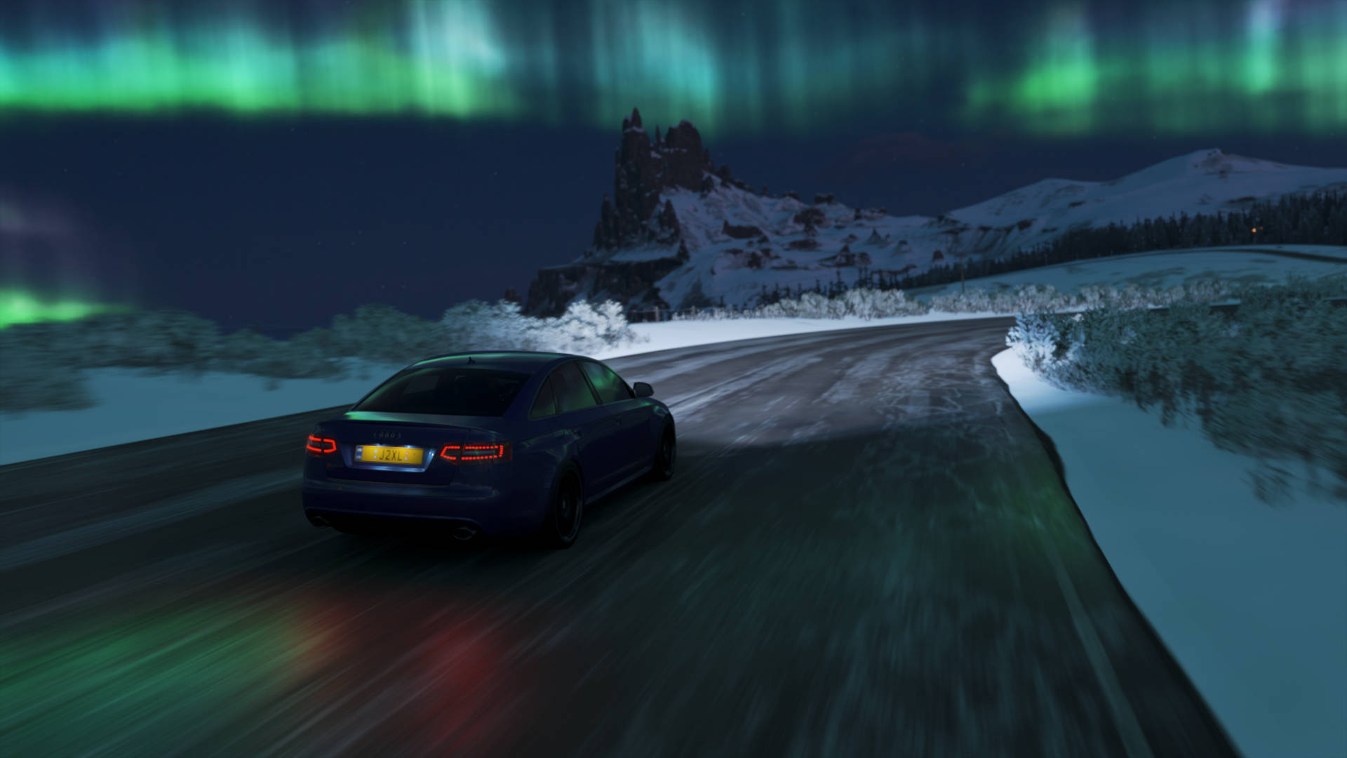 Forza Gaming, dark blue sedan, snowy mountain road, Full HD Desktop Wallpaper