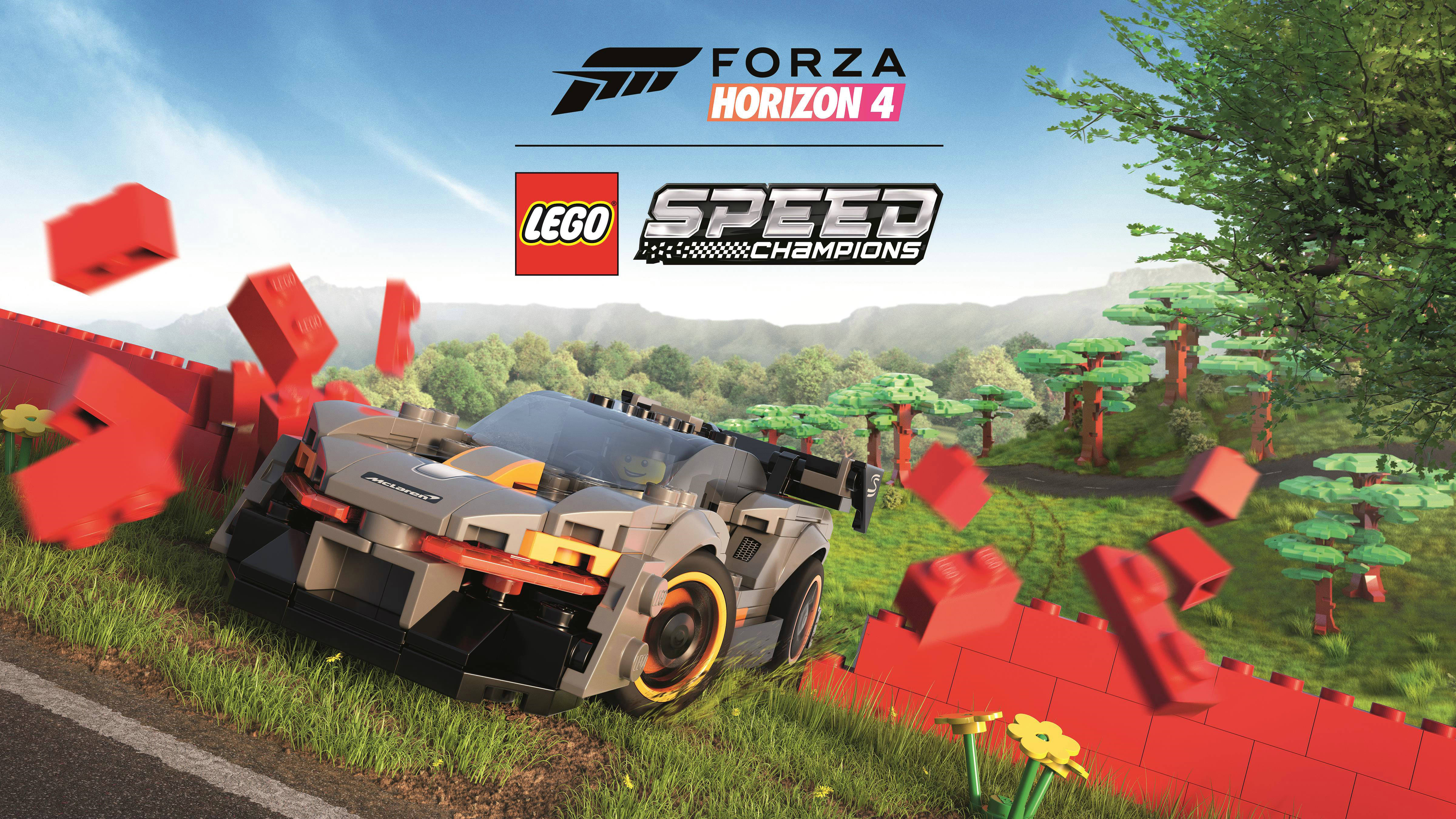 Forza Gaming, LEGO race car, red brick wall, 4K Desktop Wallpaper
