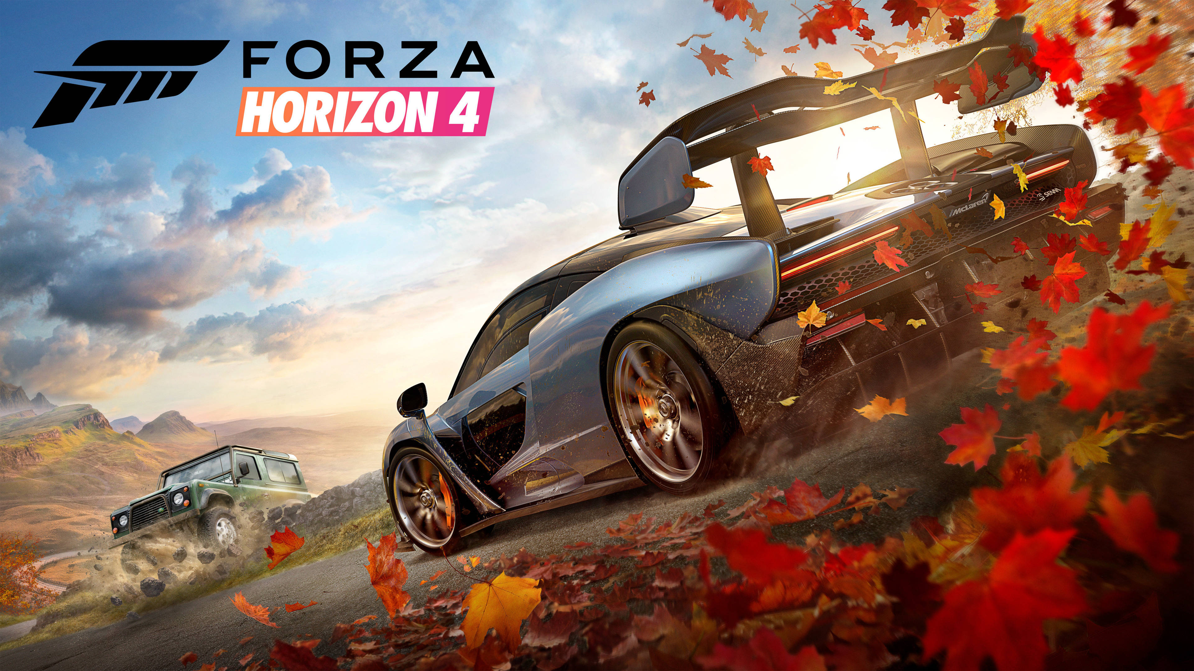 Forza Horizon 4 4K, maple leaves race, blue sports car, 4K Desktop Wallpaper